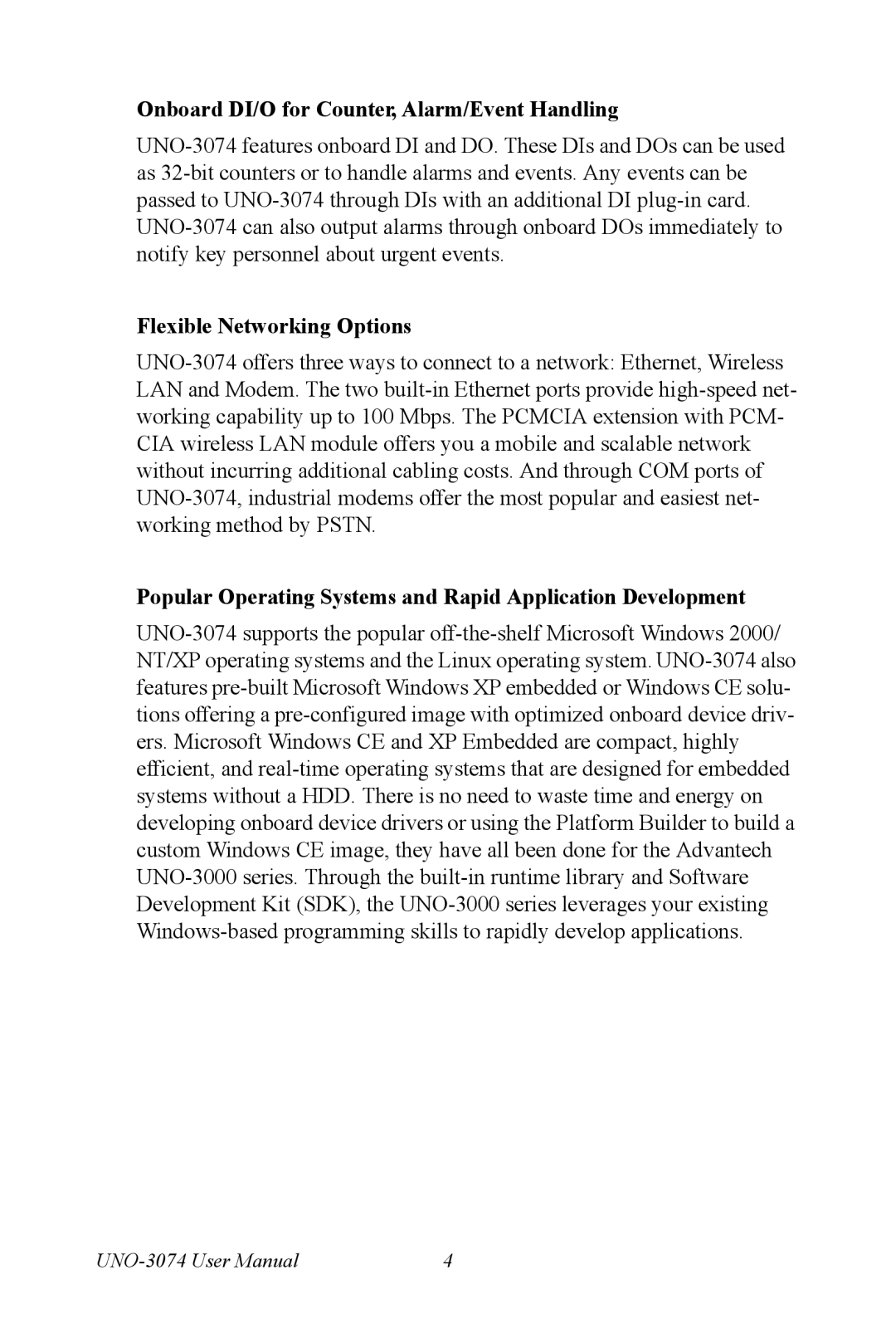 Microsoft UNO-3074 user manual Onboard DI/O for Counter, Alarm/Event Handling, Flexible Networking Options 