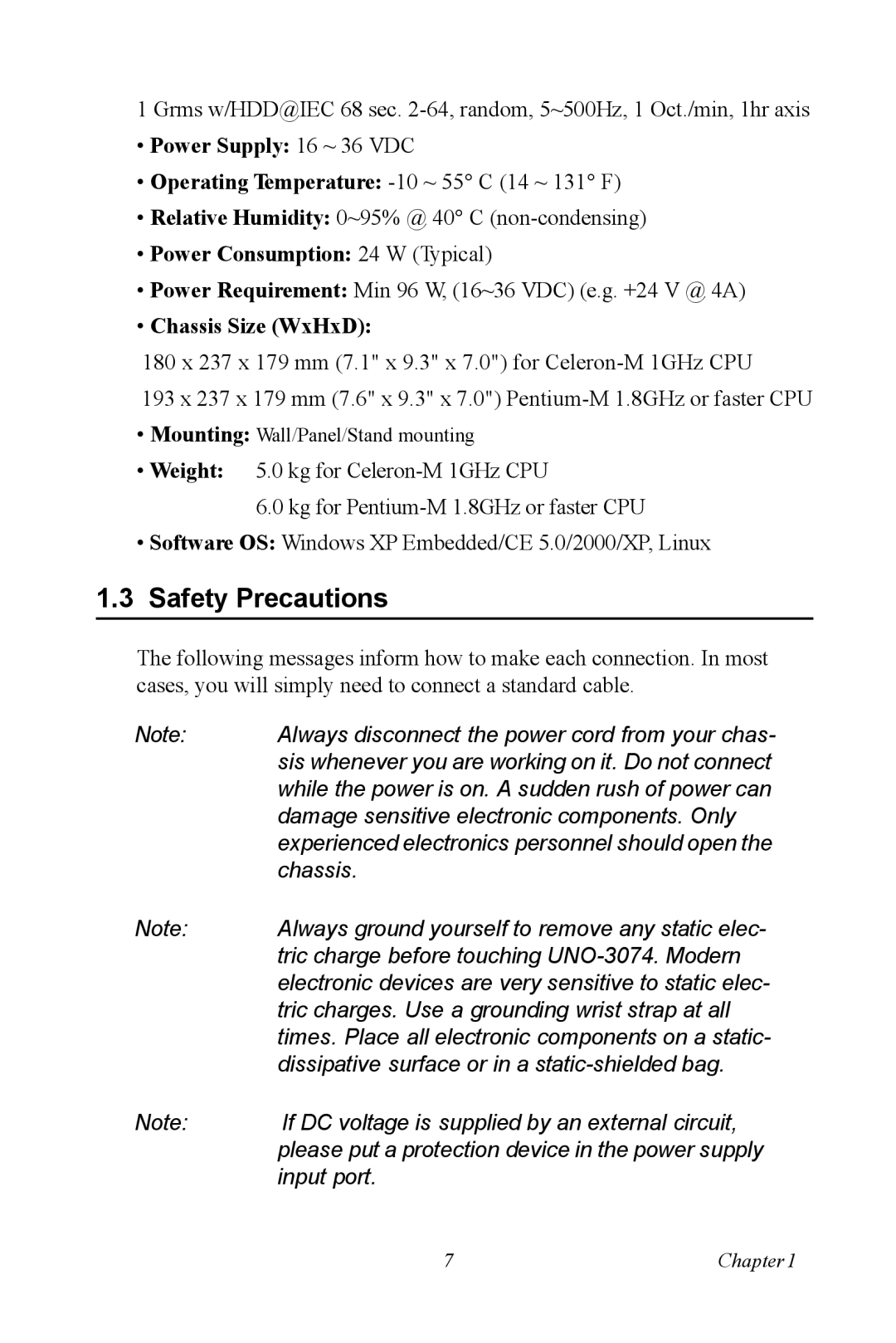 Microsoft UNO-3074 Safety Precautions, Power Supply 16 ~ 36 VDC, Power Consumption 24 W Typical, Chassis Size WxHxD 