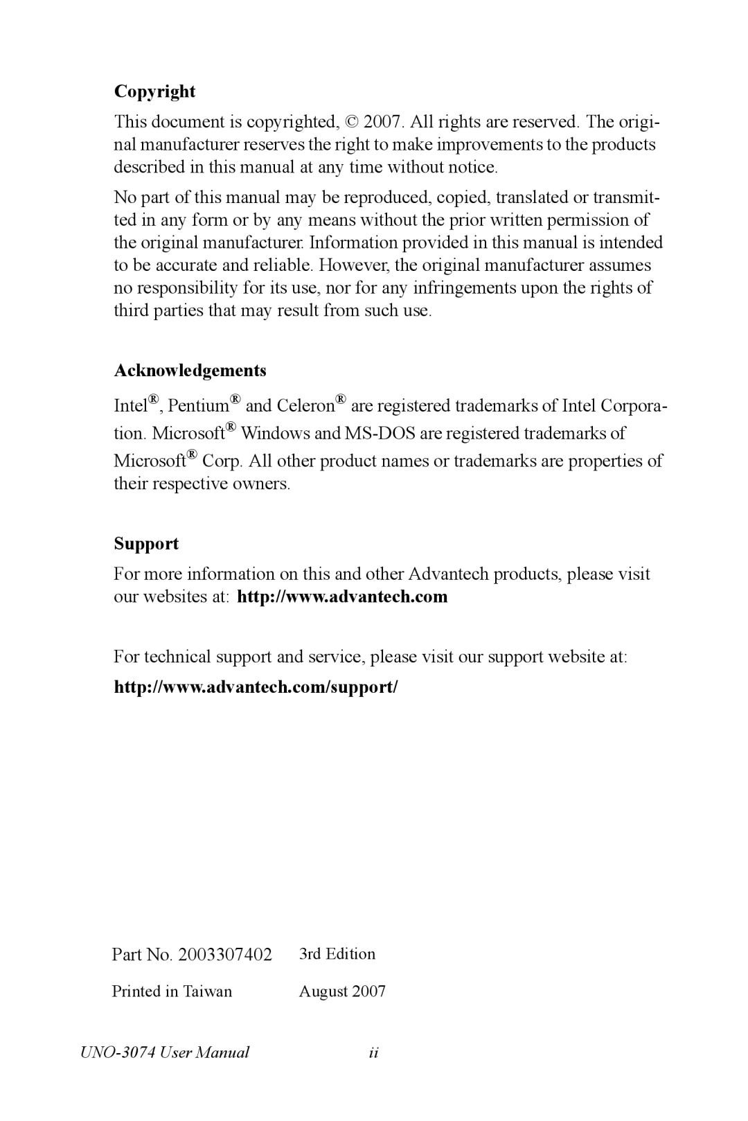 Microsoft UNO-3074 user manual Copyright, Acknowledgements, Support 