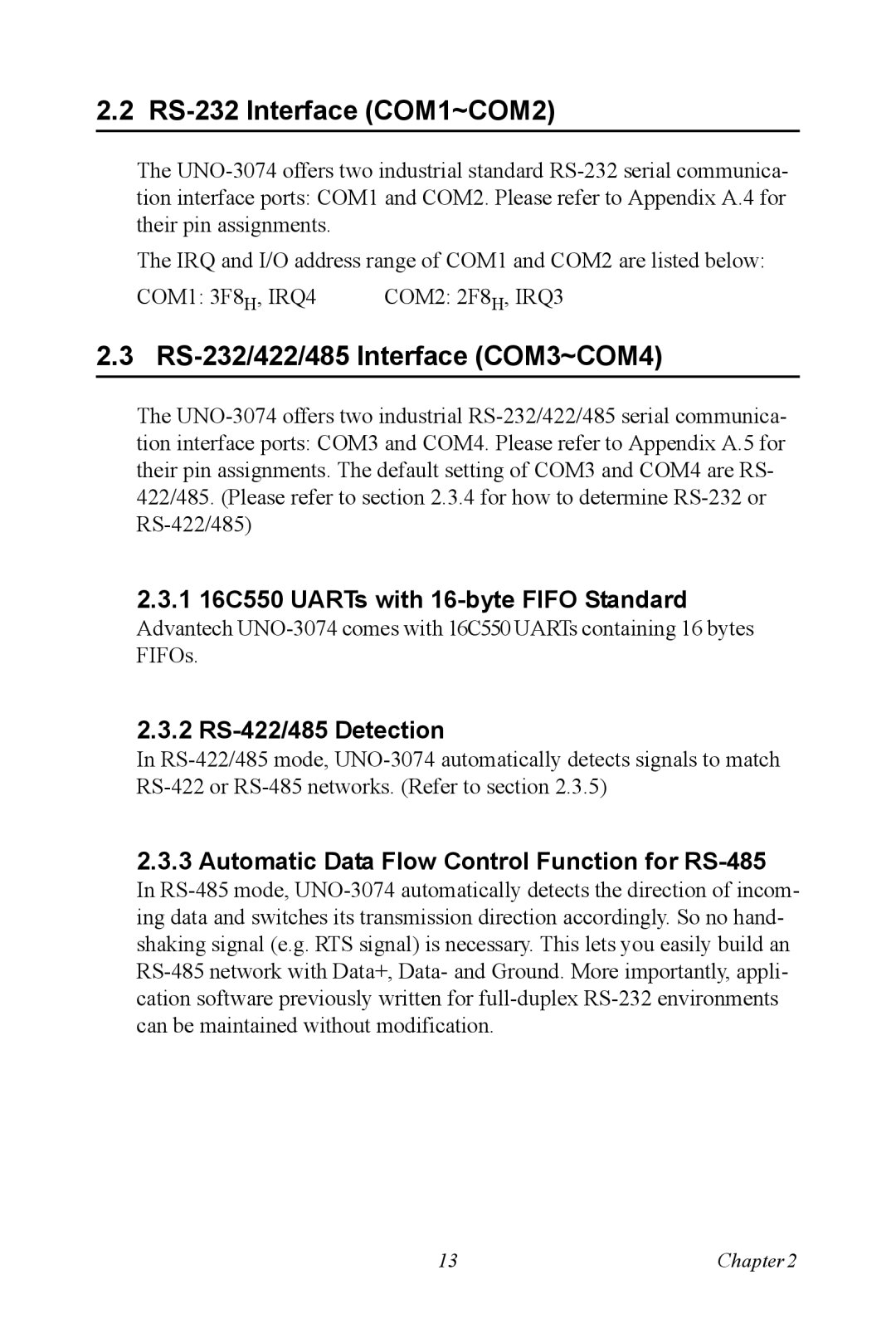 Microsoft UNO-3074 user manual RS-232 Interface COM1~COM2, RS-232/422/485 Interface COM3~COM4, 2 RS-422/485 Detection 