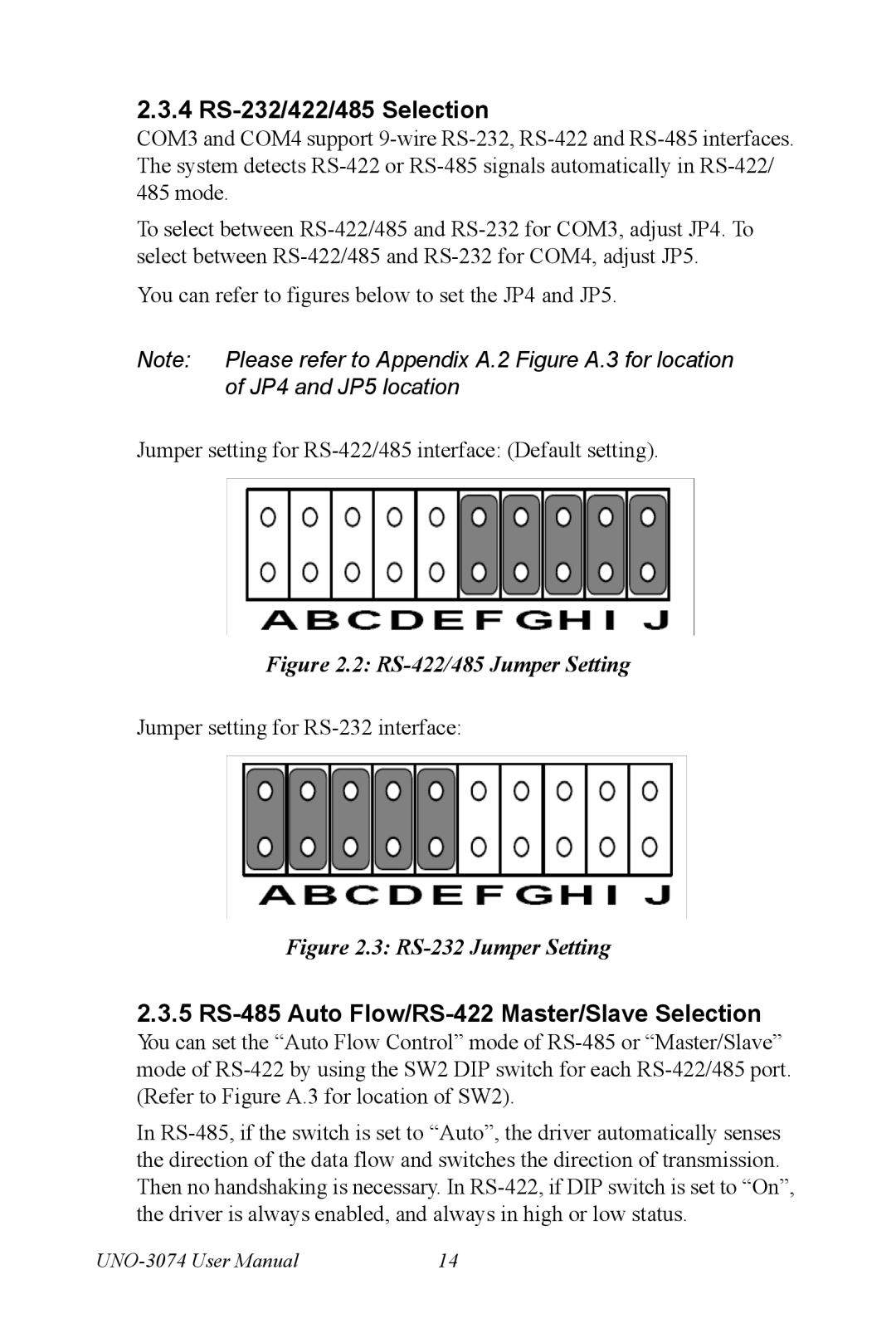Microsoft UNO-3074 user manual 4 RS-232/422/485 Selection, 5 RS-485 Auto Flow/RS-422 Master/Slave Selection 