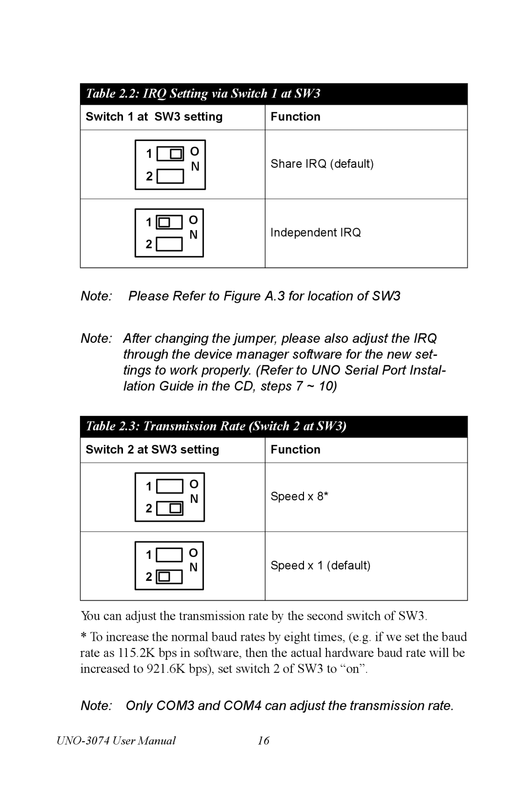 Microsoft UNO-3074 user manual IRQ Setting via Switch 1 at SW3, Transmission Rate Switch 2 at SW3 