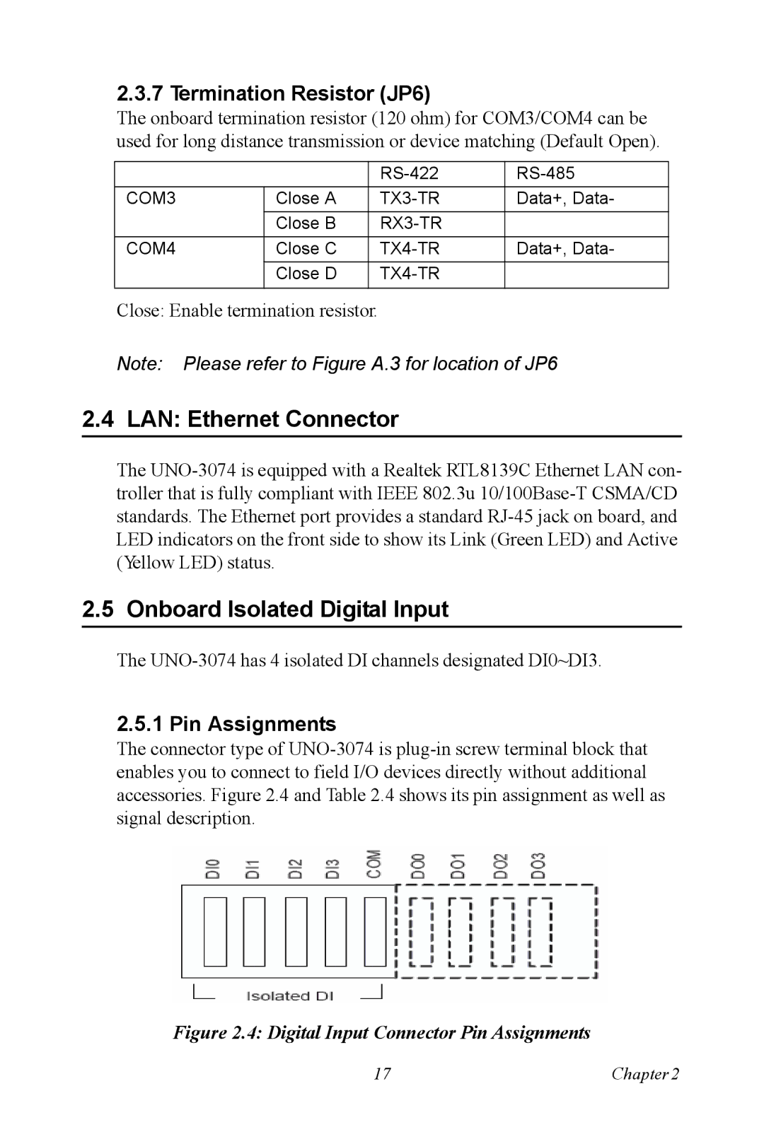 Microsoft UNO-3074 LAN Ethernet Connector, Onboard Isolated Digital Input, Termination Resistor JP6, Pin Assignments 