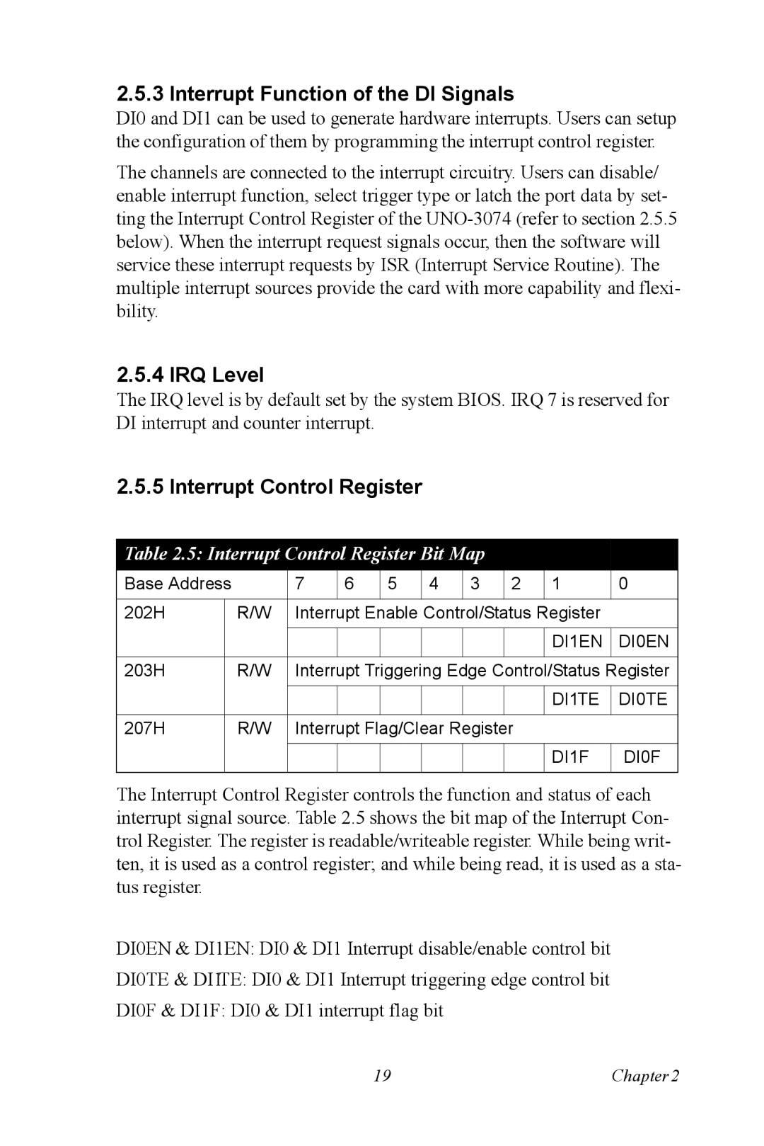 Microsoft UNO-3074 user manual Interrupt Function of the DI Signals, IRQ Level, Interrupt Control Register 