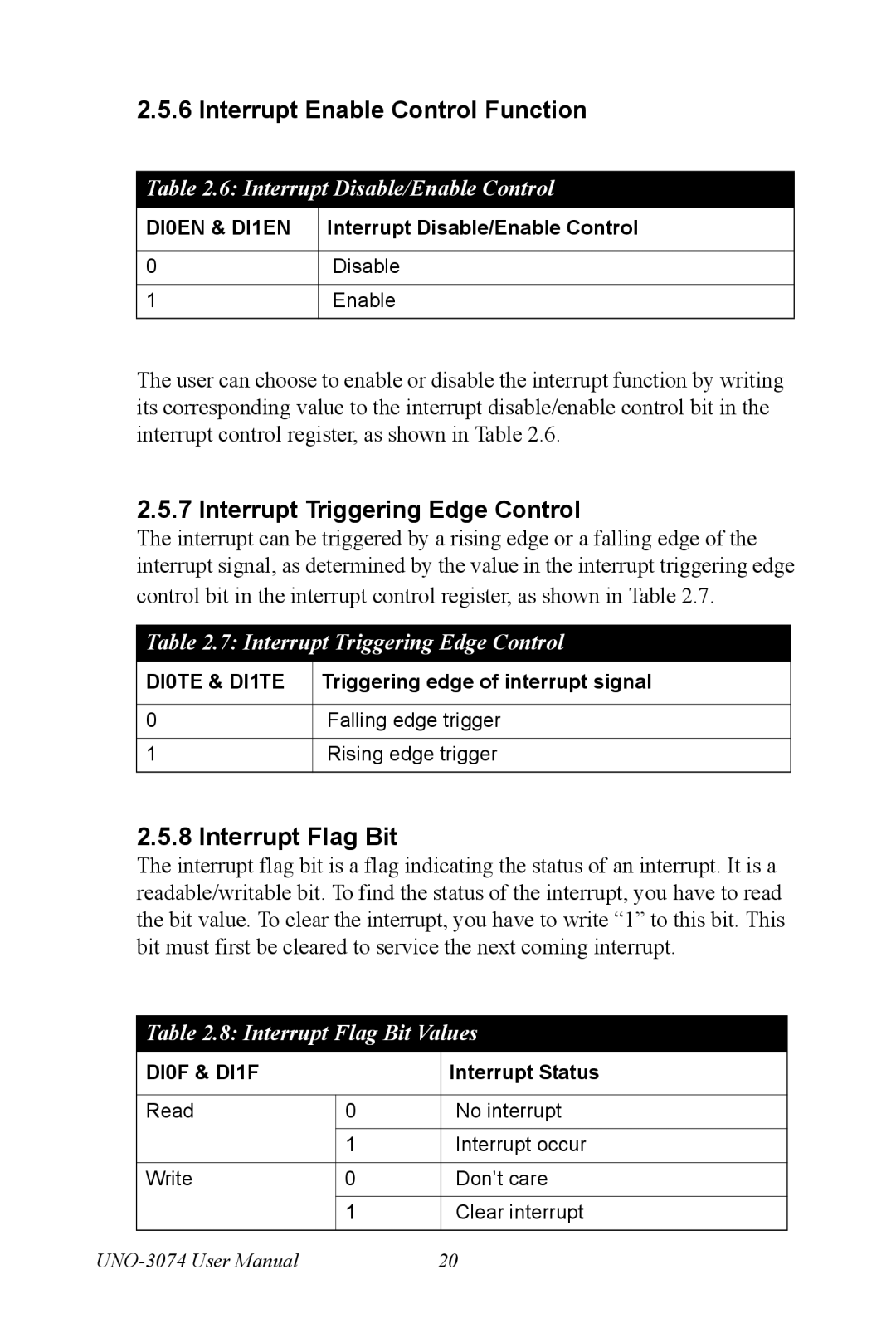 Microsoft UNO-3074 user manual Interrupt Enable Control Function, Interrupt Triggering Edge Control, Interrupt Flag Bit 