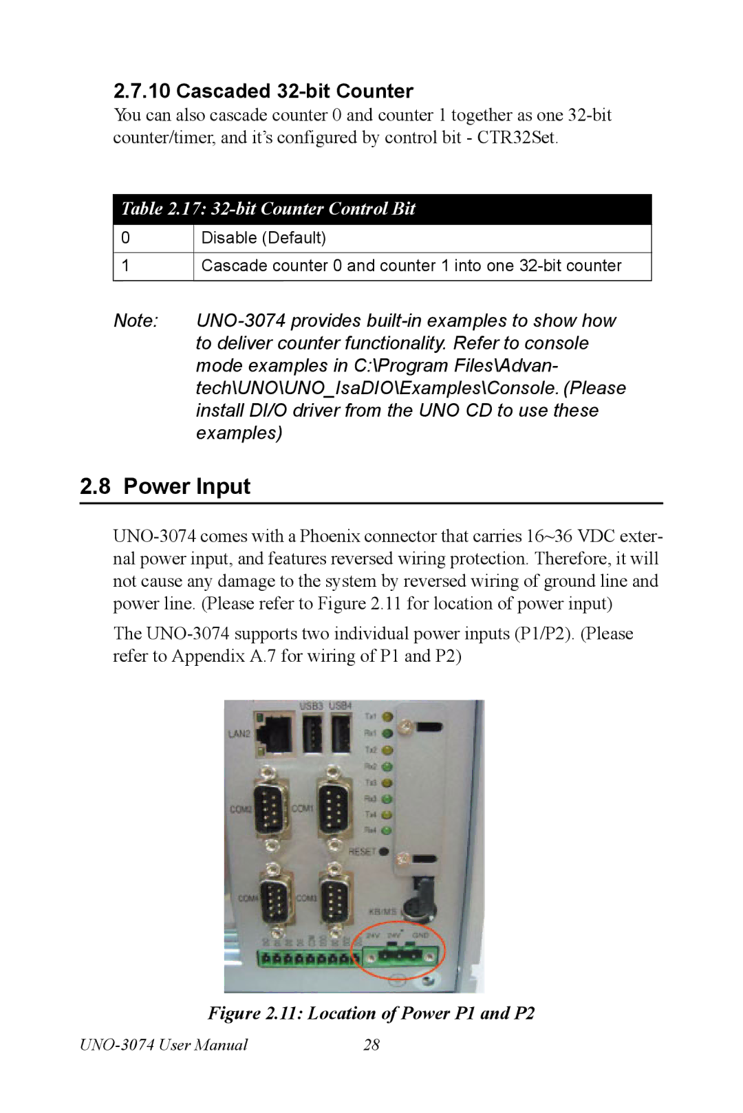 Microsoft UNO-3074 user manual Power Input, Cascaded 32-bit Counter, 17 32-bit Counter Control Bit 