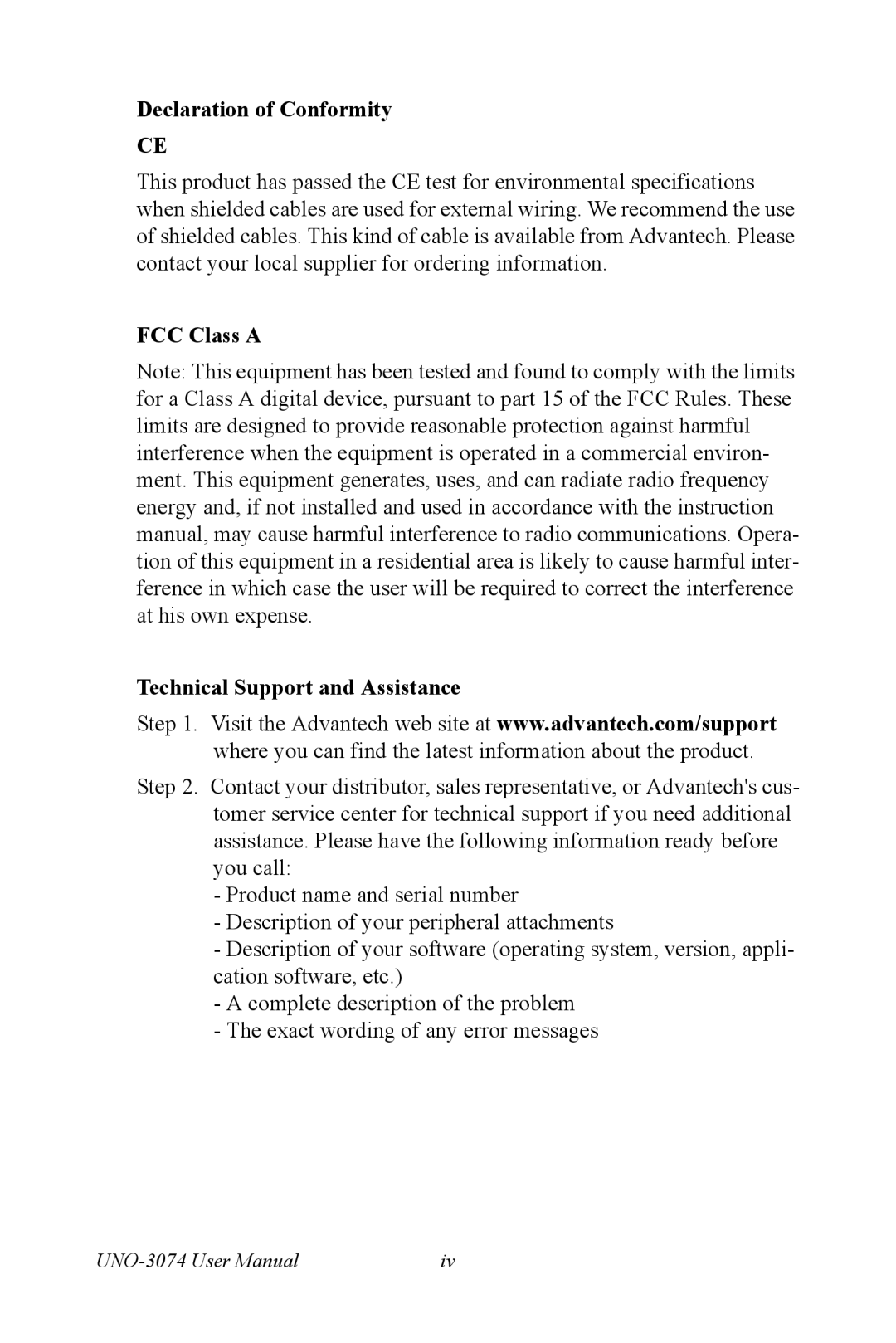 Microsoft UNO-3074 user manual Declaration of Conformity, FCC Class a Technical Support and Assistance 