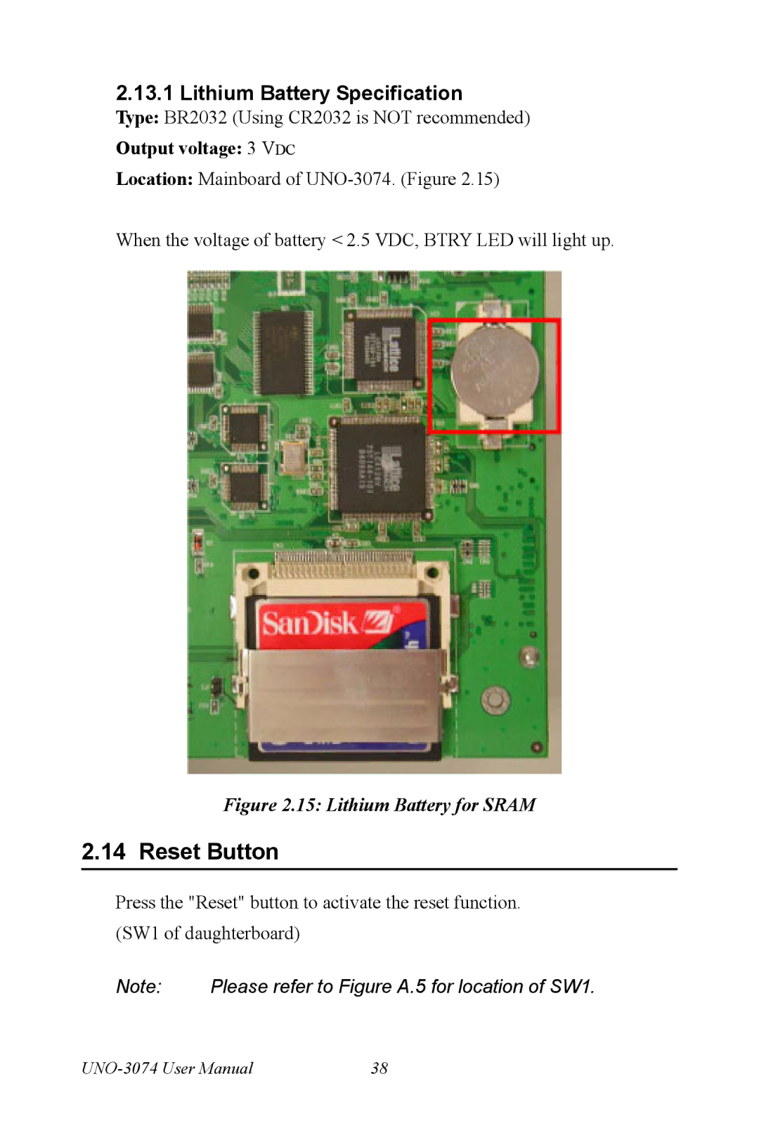 Microsoft UNO-3074 user manual Reset Button, Lithium Battery Specification, Output voltage 3 VDC 