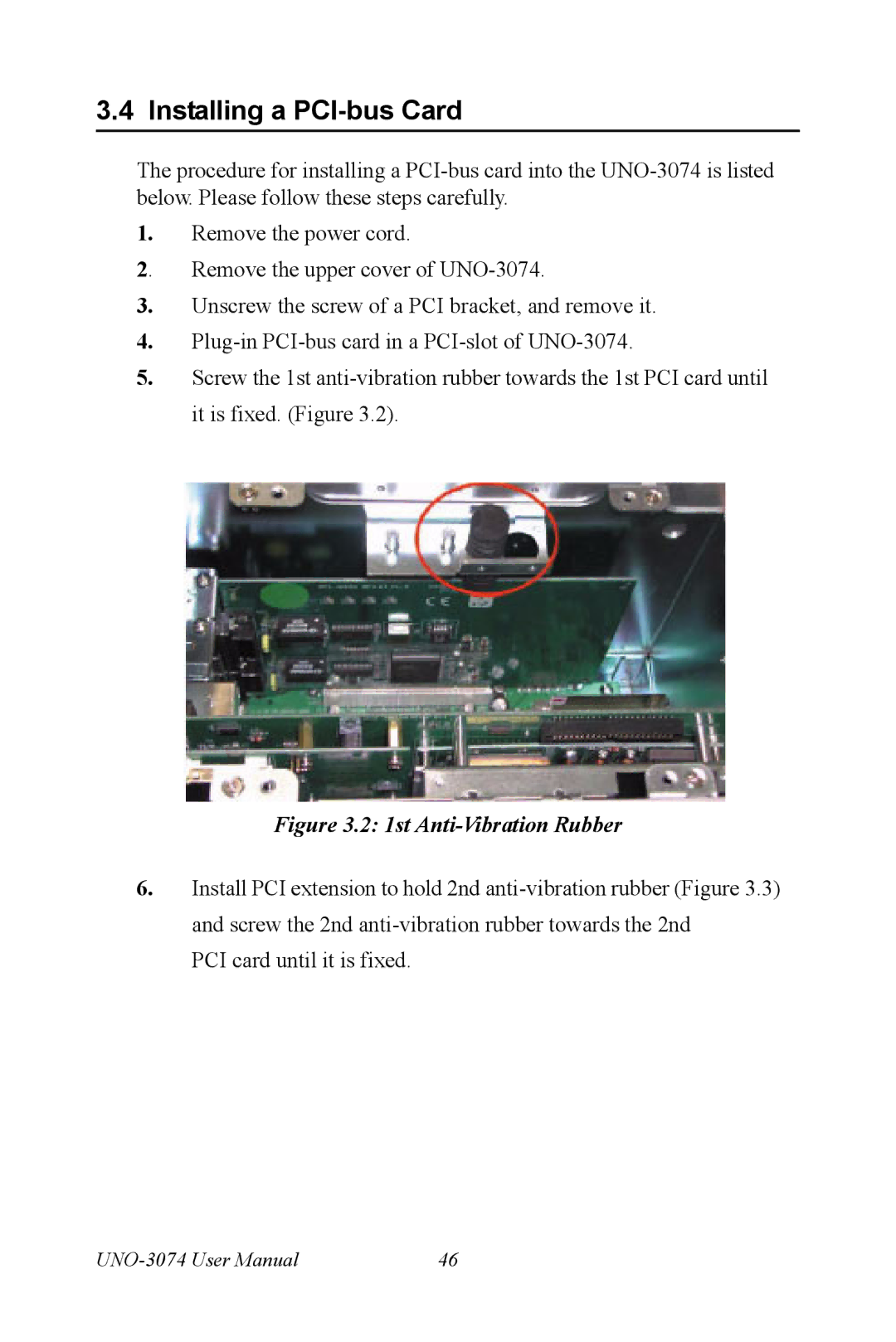 Microsoft UNO-3074 user manual Installing a PCI-bus Card, 1st Anti-Vibration Rubber 