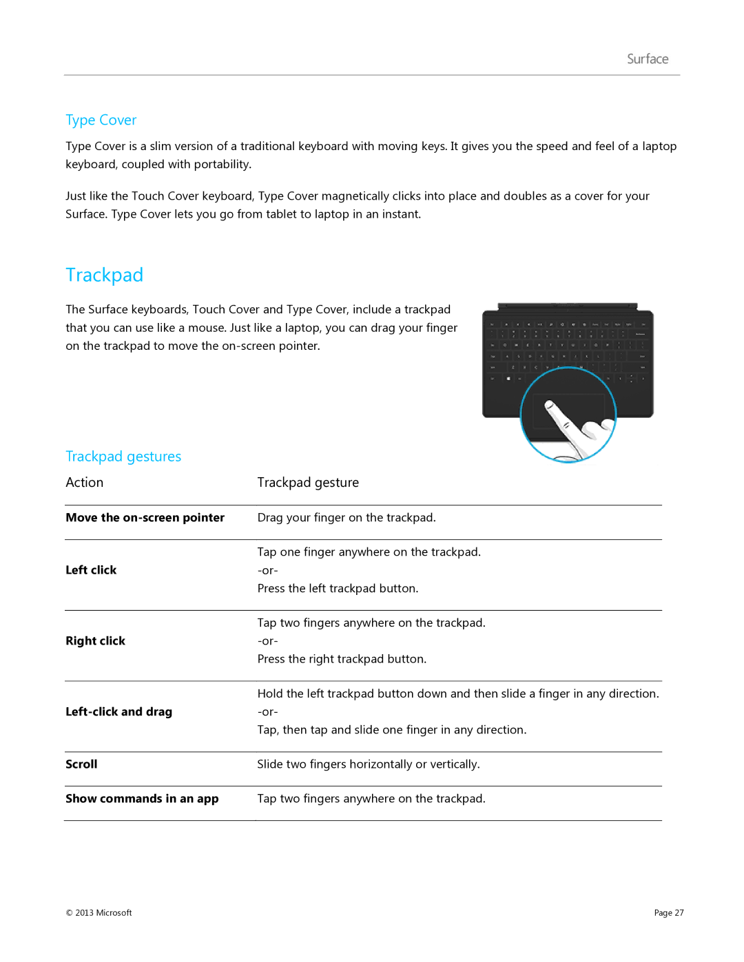 Microsoft V900, 9HR-00001, 7XR-00001, 9SR-00001 manual Type Cover, Trackpad gestures 