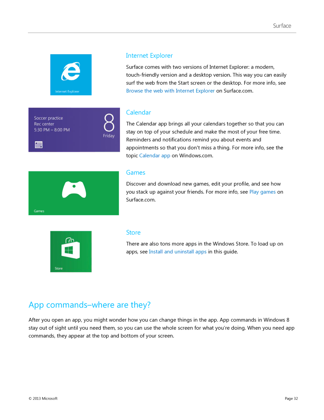 Microsoft 9HR-00001, V900, 7XR-00001, 9SR-00001 manual App commands-where are they?, Internet Explorer, Calendar, Games, Store 