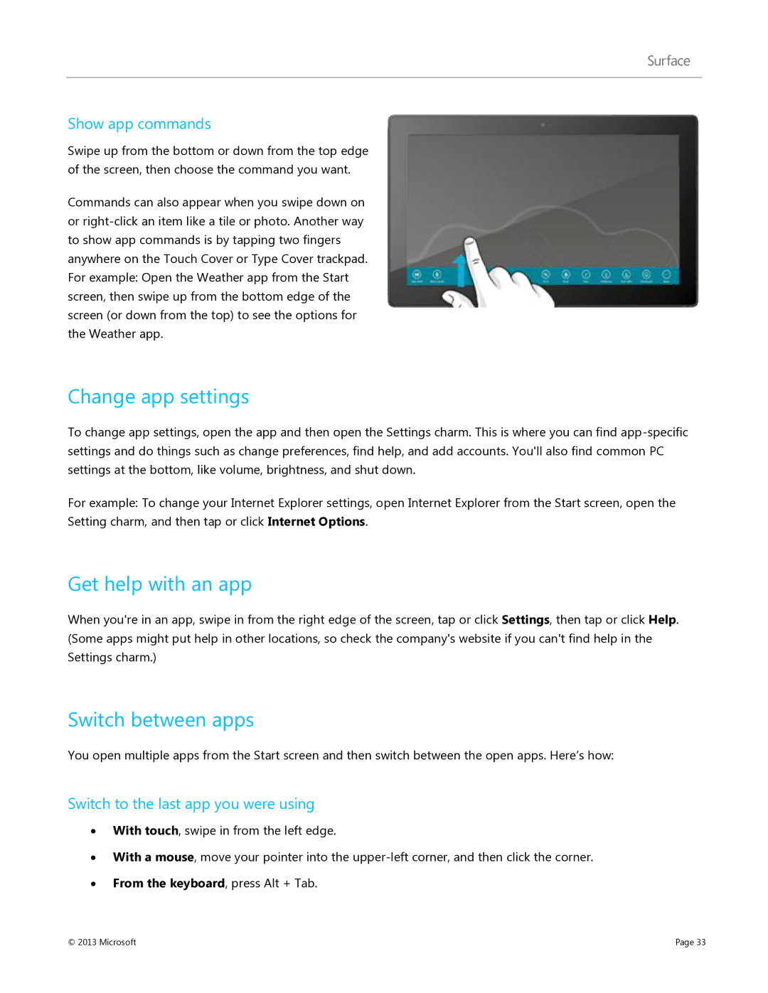 Microsoft 7XR-00001, V900, 9HR-00001 manual Change app settings, Get help with an app, Switch between apps, Show app commands 