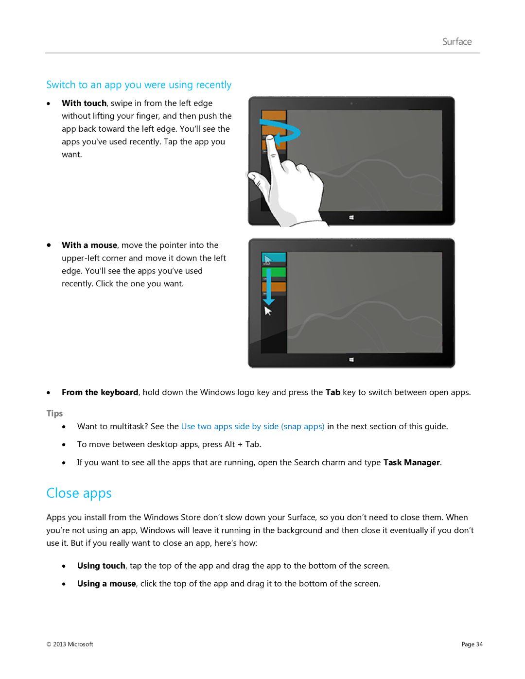 Microsoft 9SR-00001, V900, 9HR-00001, 7XR-00001 manual Close apps, Switch to an app you were using recently 