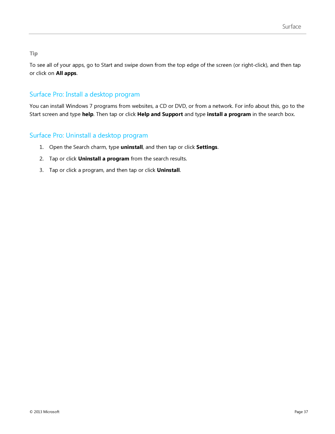Microsoft 7XR-00001, V900, 9HR-00001 manual Surface Pro Install a desktop program, Surface Pro Uninstall a desktop program 