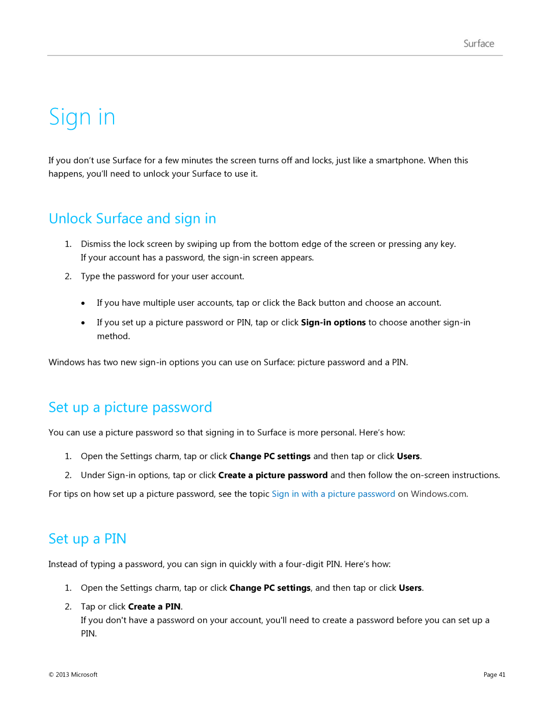 Microsoft 7XR-00001, V900, 9HR-00001, 9SR-00001 manual Sign, Unlock Surface and sign, Set up a picture password, Set up a PIN 