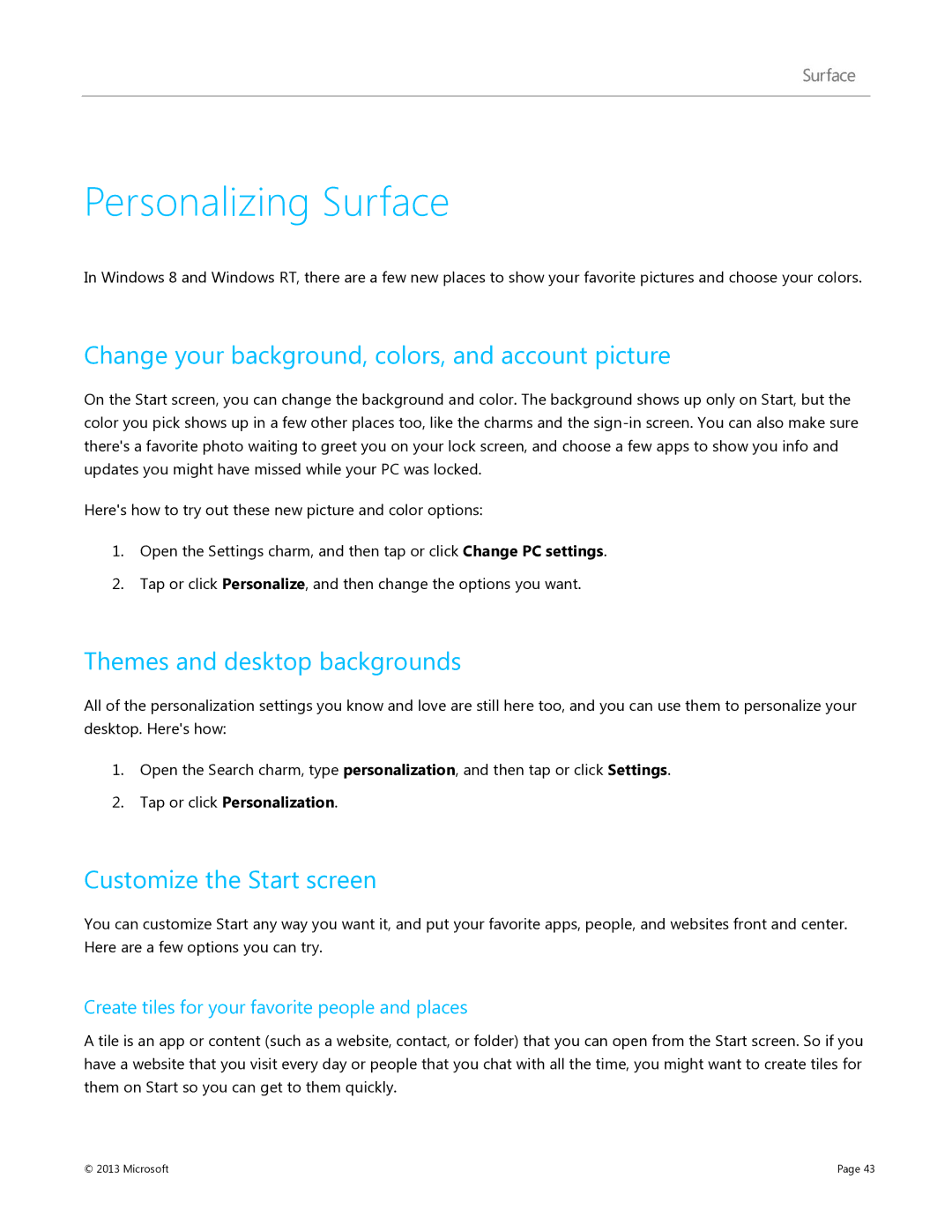 Microsoft V900 Personalizing Surface, Change your background, colors, and account picture, Themes and desktop backgrounds 