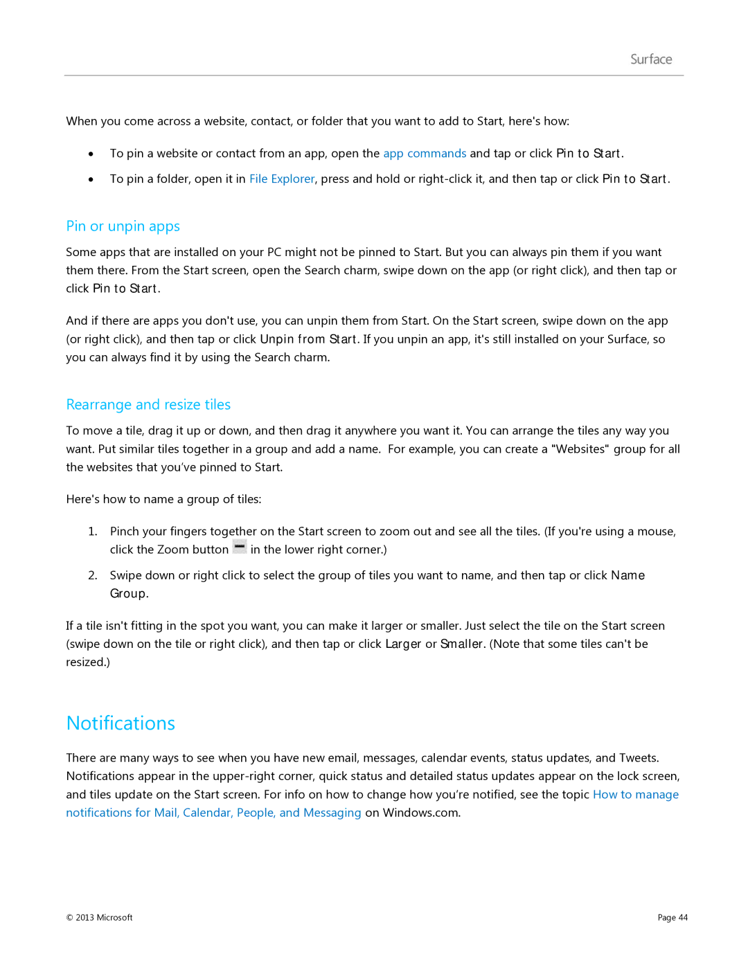 Microsoft 9HR-00001, V900, 7XR-00001, 9SR-00001 manual Notifications, Pin or unpin apps, Rearrange and resize tiles 