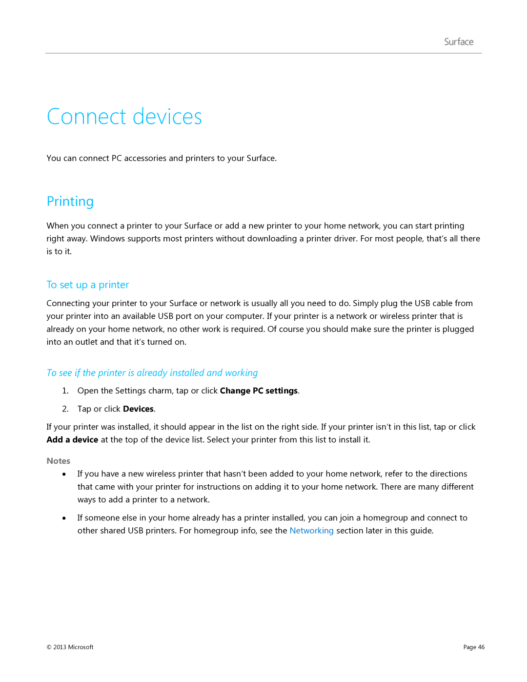 Microsoft 9SR-00001 Connect devices, Printing, To set up a printer, To see if the printer is already installed and working 