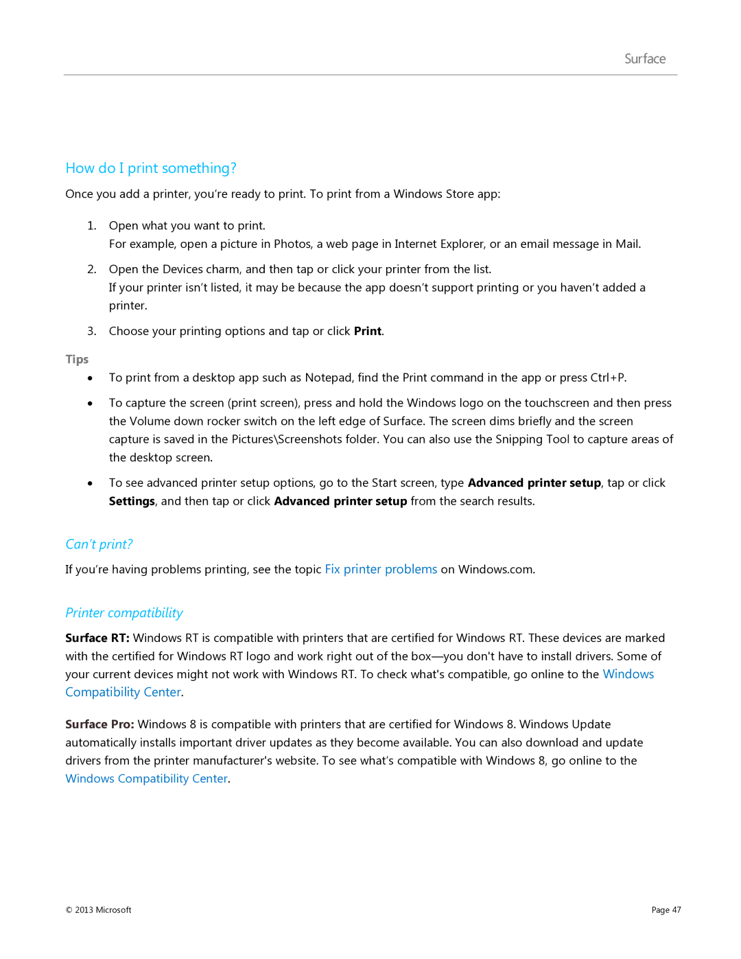 Microsoft V900, 9HR-00001, 7XR-00001, 9SR-00001 manual How do I print something?, Can’t print?, Printer compatibility 