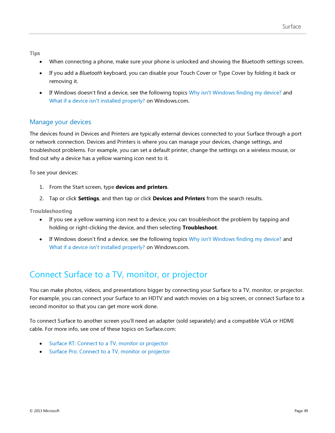 Microsoft 7XR-00001, V900, 9HR-00001, 9SR-00001 manual Connect Surface to a TV, monitor, or projector, Manage your devices 