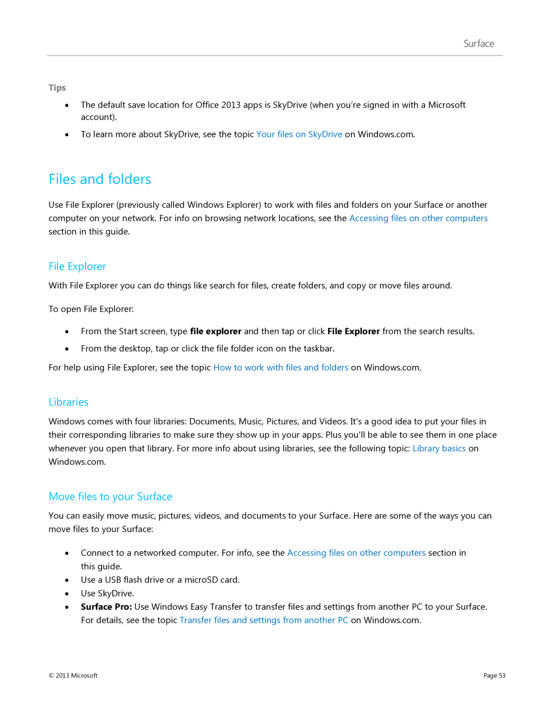 Microsoft 7XR-00001, V900, 9HR-00001, 9SR-00001 manual Files and folders, File Explorer, Libraries, Move files to your Surface 