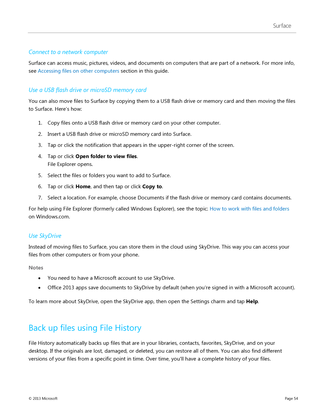 Microsoft 9SR-00001, V900, 9HR-00001 manual Back up files using File History, Connect to a network computer, Use SkyDrive 