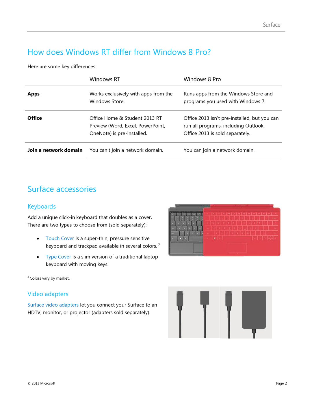 Microsoft 9SR-00001, V900 How does Windows RT differ from Windows 8 Pro?, Surface accessories, Keyboards, Video adapters 