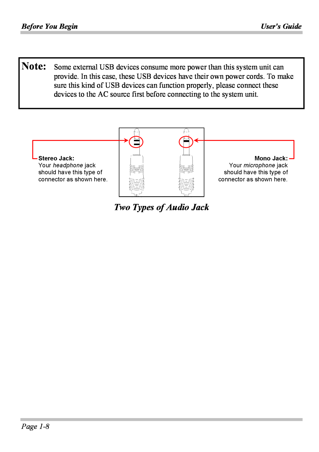 Microsoft W840DI manual Two Types of Audio Jack, Before You Begin, Users Guide, Page, Stereo Jack, Mono Jack 