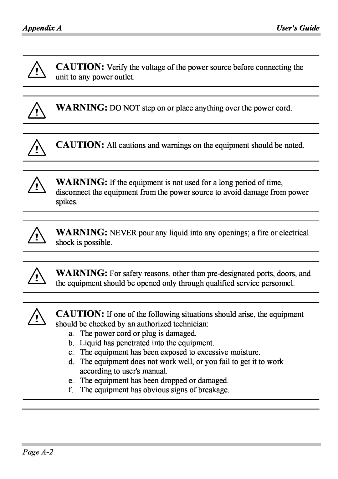 Microsoft W840DI manual Page A-2, Appendix A, Users Guide, WARNING DO NOT step on or place anything over the power cord 