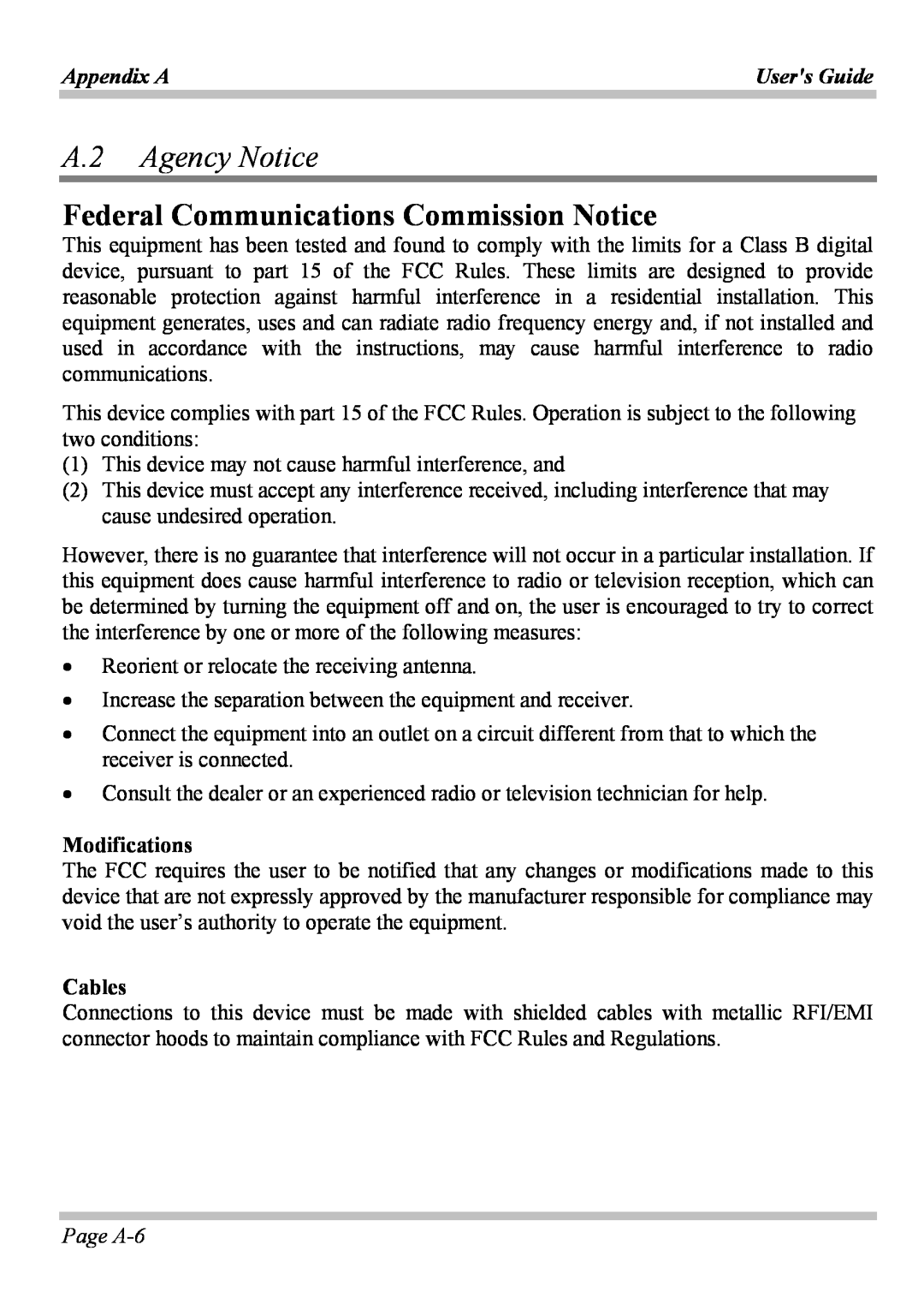 Microsoft W840DI A.2 Agency Notice, Federal Communications Commission Notice, Modifications, Cables, Page A-6, Appendix A 
