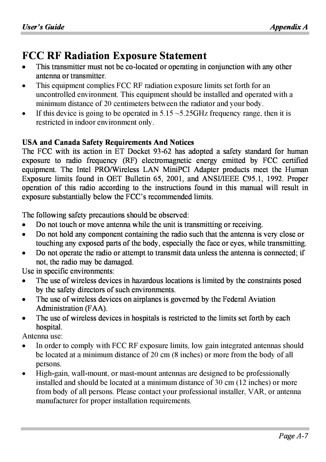 Microsoft W840DI FCC RF Radiation Exposure Statement, USA and Canada Safety Requirements And Notices, Page A-7, Appendix A 