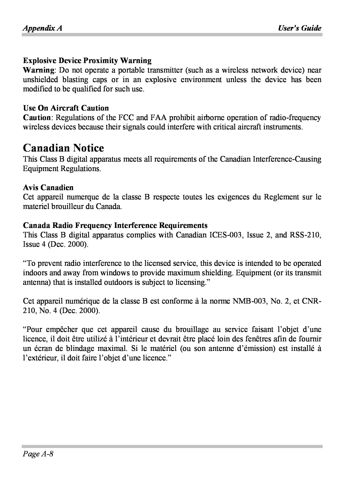 Microsoft W840DI Canadian Notice, Explosive Device Proximity Warning, Use On Aircraft Caution, Avis Canadien, Page A-8 