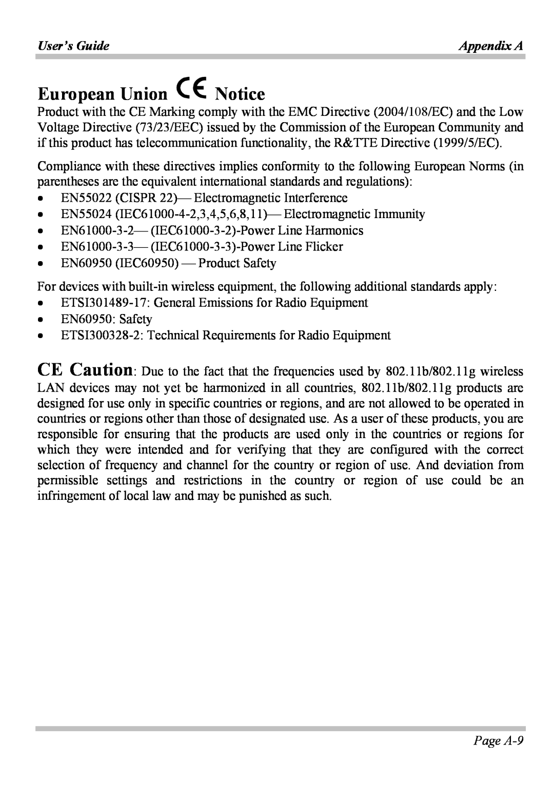 Microsoft W840DI manual European Union Notice, Page A-9, User’s Guide, Appendix A 