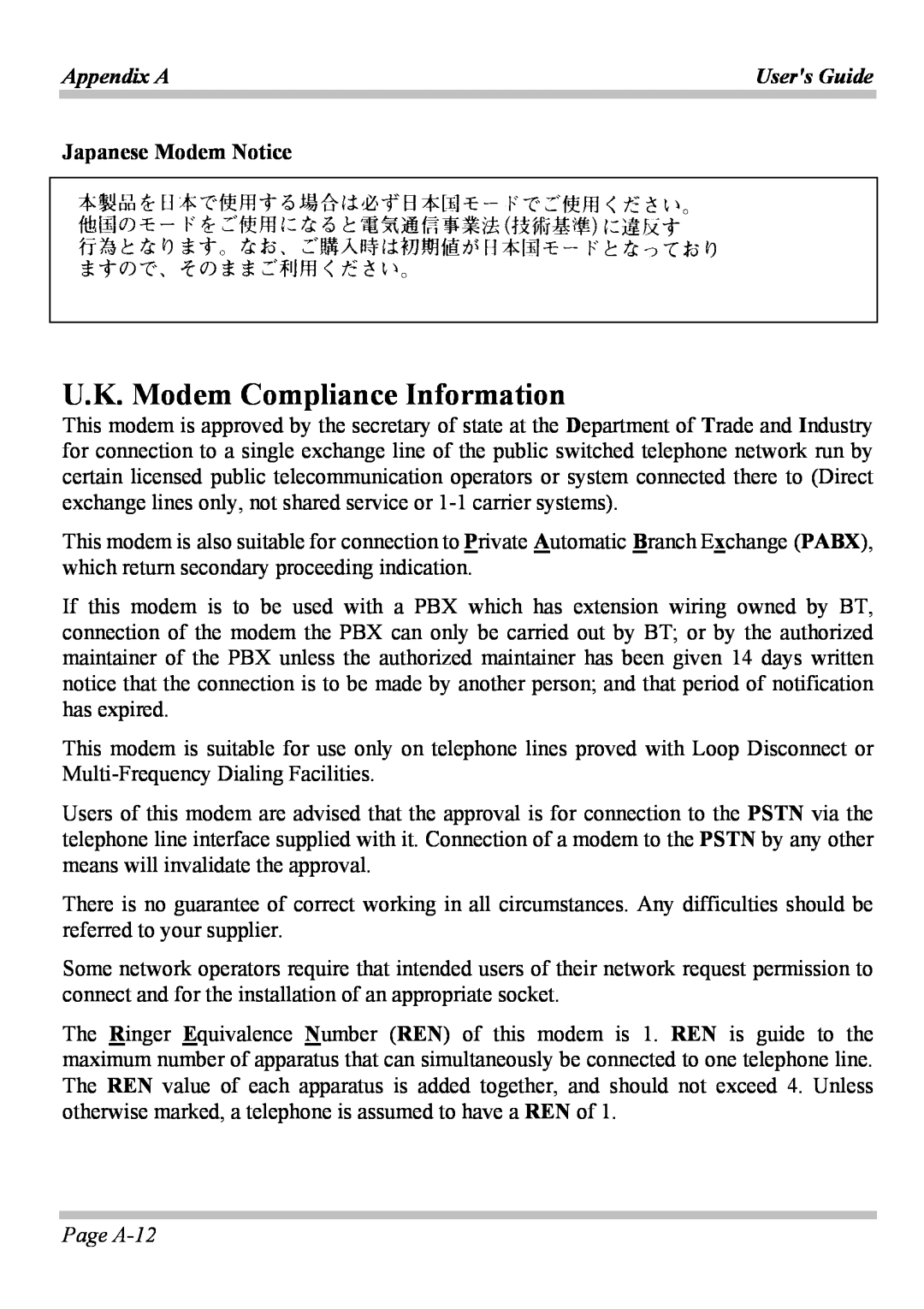Microsoft W840DI manual U.K. Modem Compliance Information, Japanese Modem Notice, Page A-12, Appendix A, Users Guide 