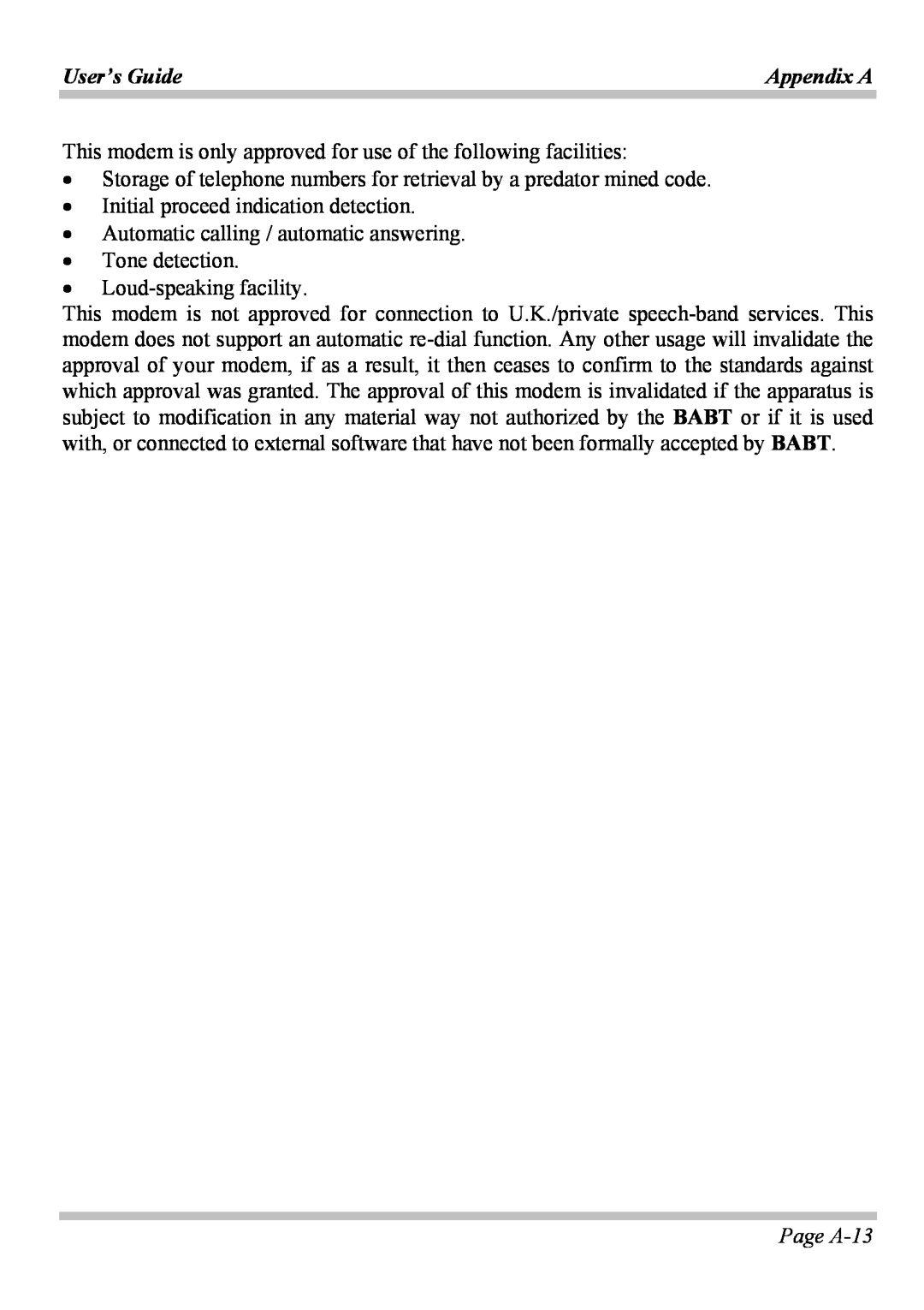 Microsoft W840DI Page A-13, User’s Guide, Appendix A, This modem is only approved for use of the following facilities 