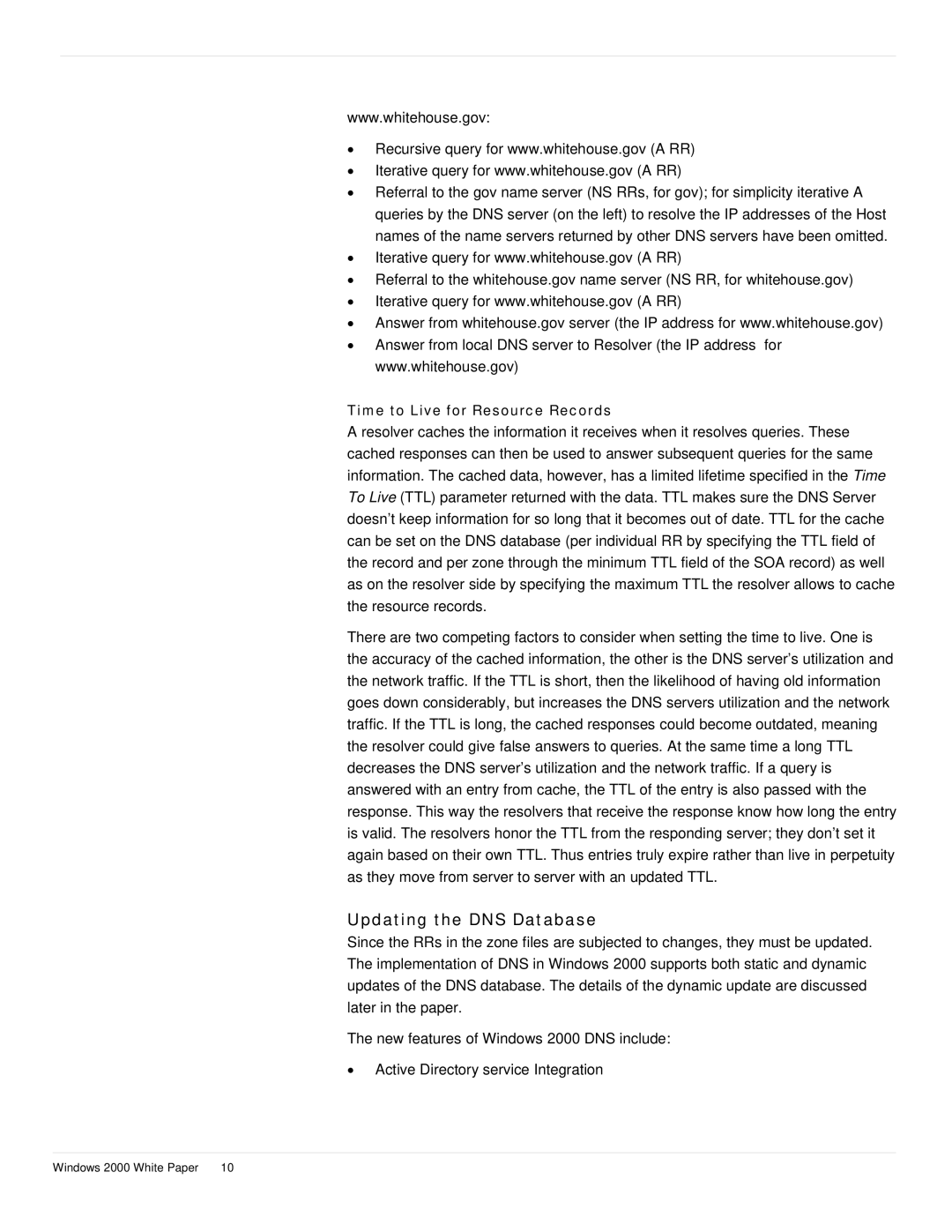 Microsoft windows 2000 DNS manual Updating the DNS Database, Time to Live for Resource Records 