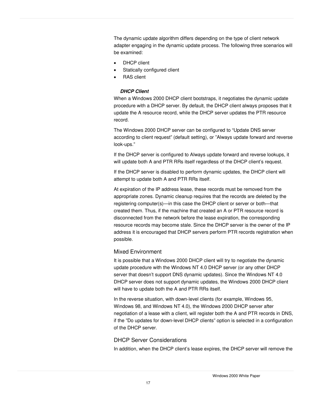 Microsoft windows 2000 DNS manual Mixed Environment, Dhcp Client 