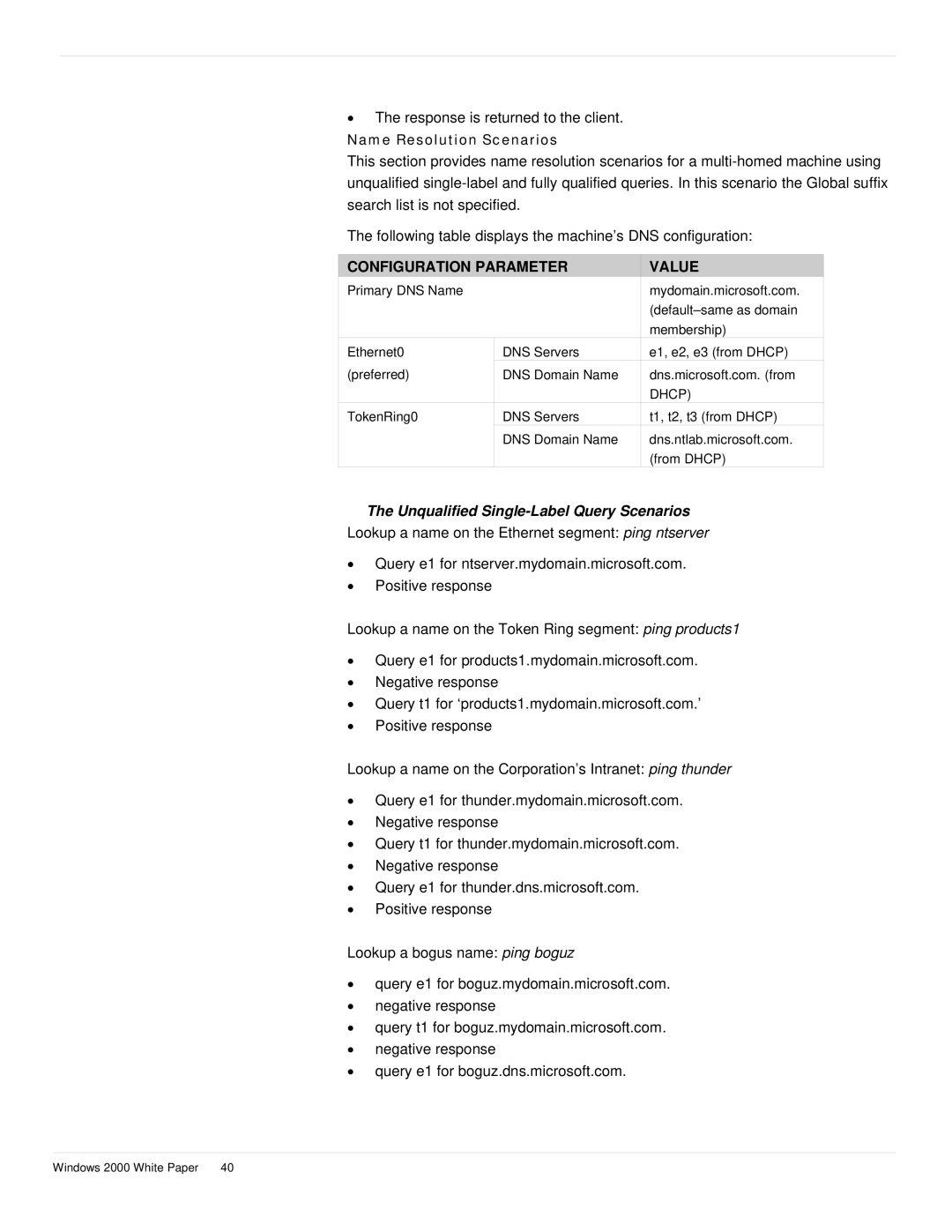 Microsoft windows 2000 DNS manual Unqualified Single-Label Query Scenarios, Name Resolution Scenarios 