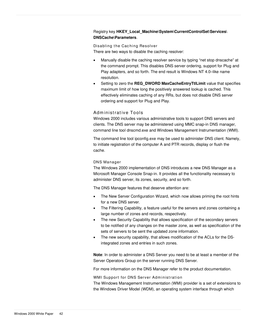 Microsoft windows 2000 DNS manual Administrative Tools, DNS Manager, WMI Support for DNS Server Administration 