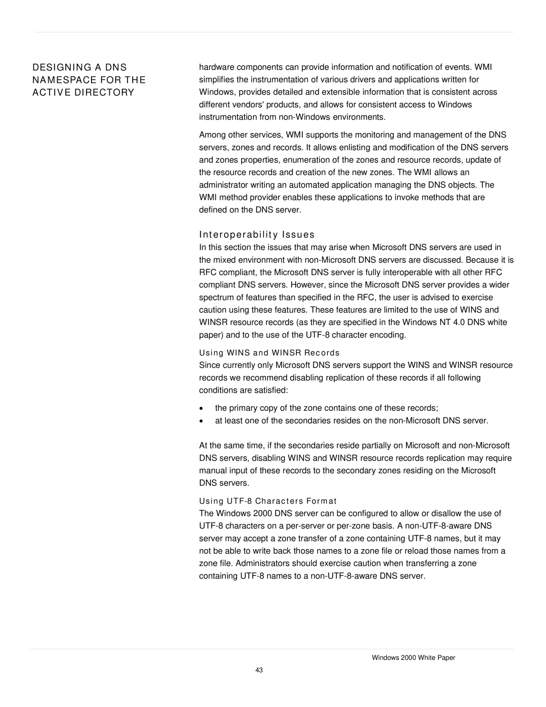 Microsoft windows 2000 DNS manual Interoperability Issues, Using Wins and Winsr Records, Using UTF-8 Characters Format 