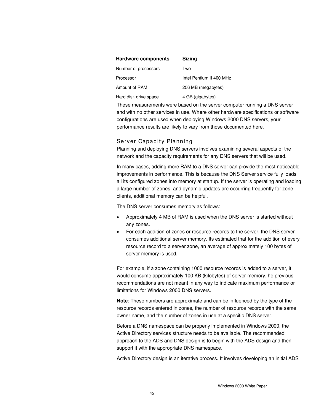 Microsoft windows 2000 DNS manual Server Capacity Planning, Hardware components Sizing 