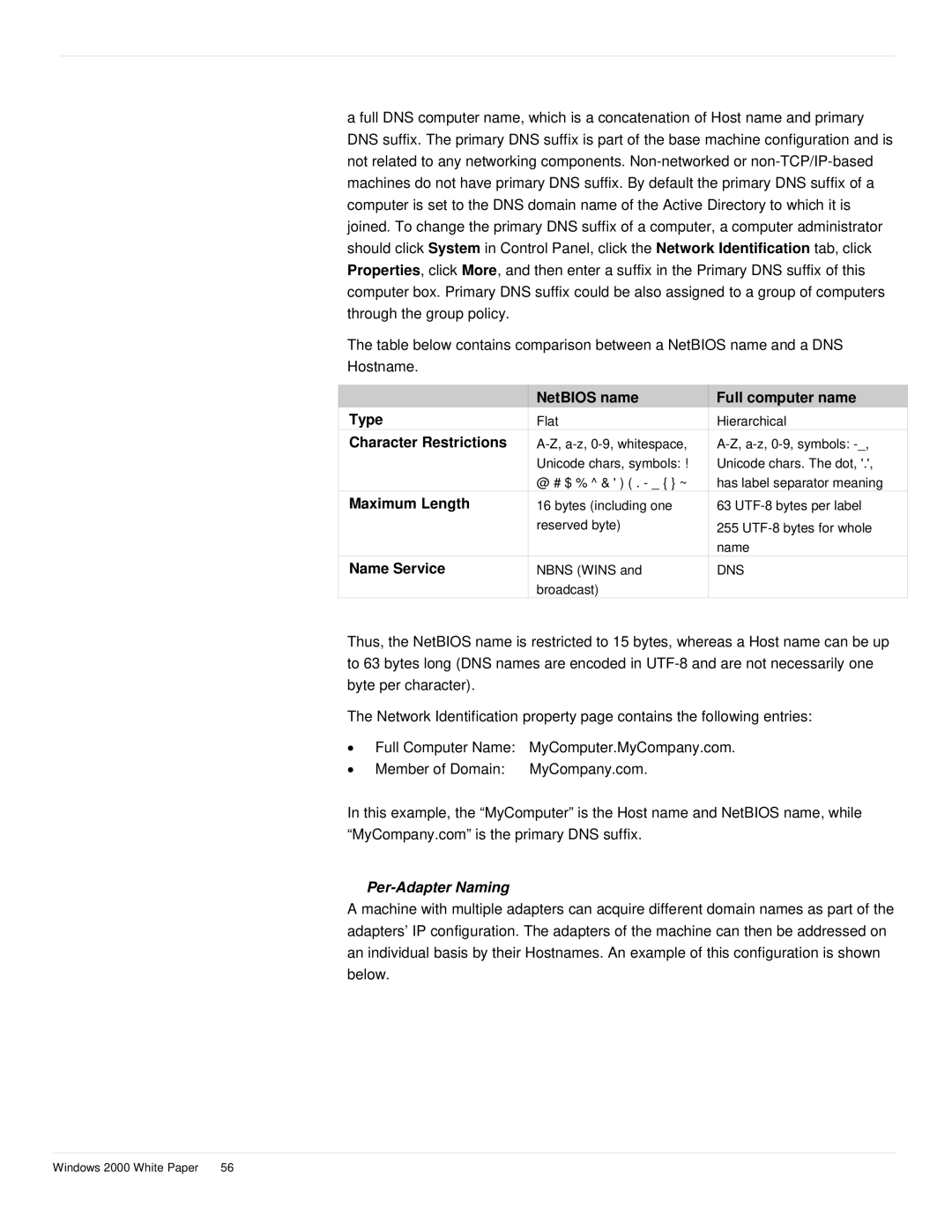 Microsoft windows 2000 DNS manual Full computer name, Per-Adapter Naming 