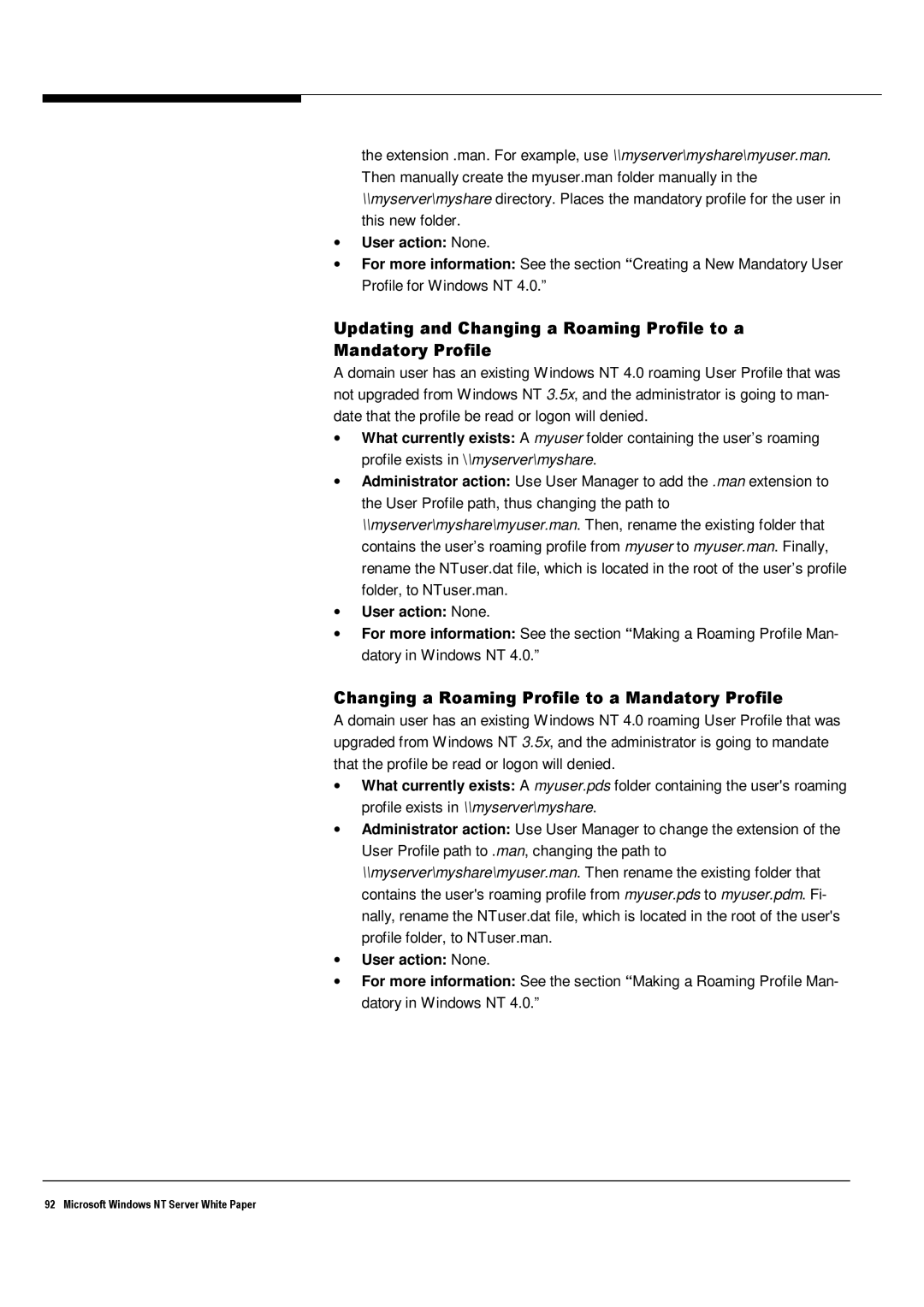 Microsoft Windows NT 4.0 manual Changing a Roaming Profile to a Mandatory Profile 