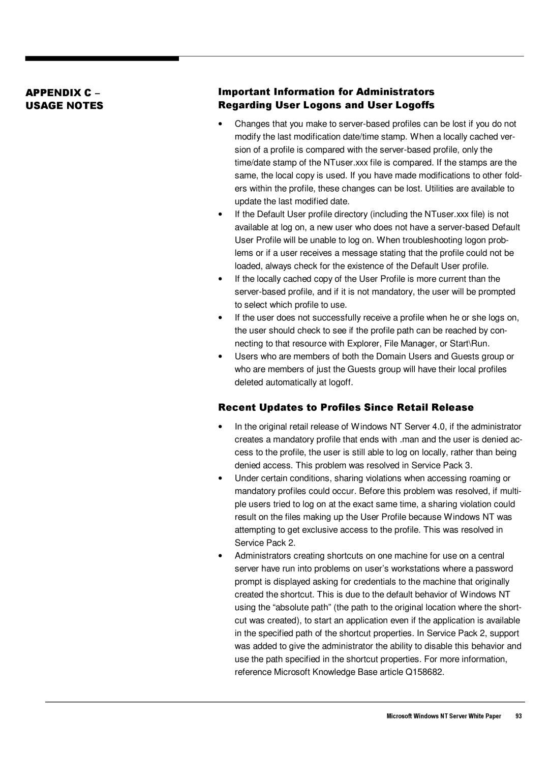 Microsoft Windows NT 4.0 manual Appendix C Usage Notes, Recent Updates to Profiles Since Retail Release 