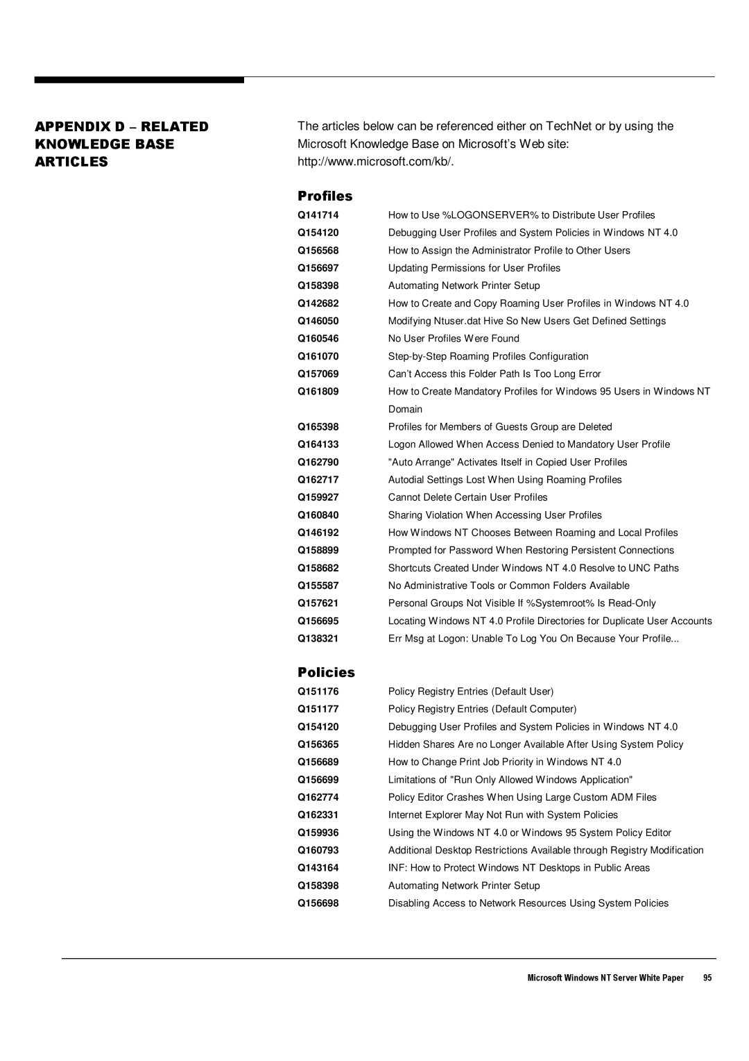 Microsoft Windows NT 4.0 manual Appendix D Related Knowledge Base Articles, Profiles, Policies 