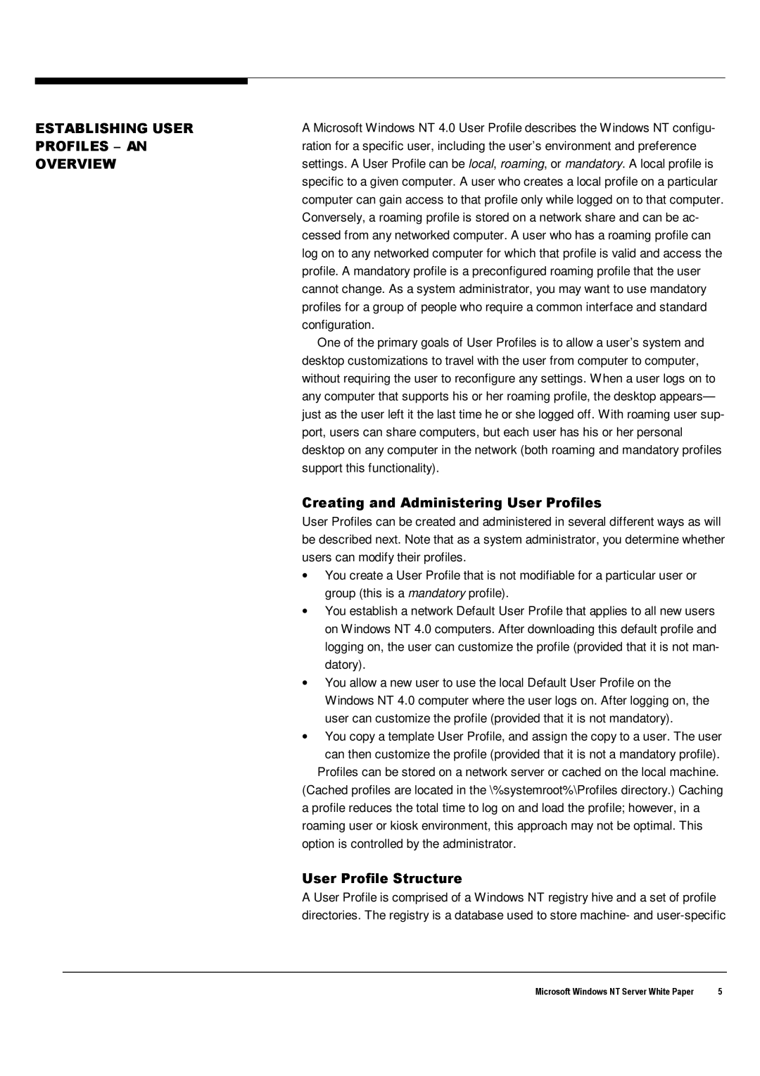 Microsoft Windows NT 4.0 manual Establishing User Profiles AN Overview, Creating and Administering User Profiles 