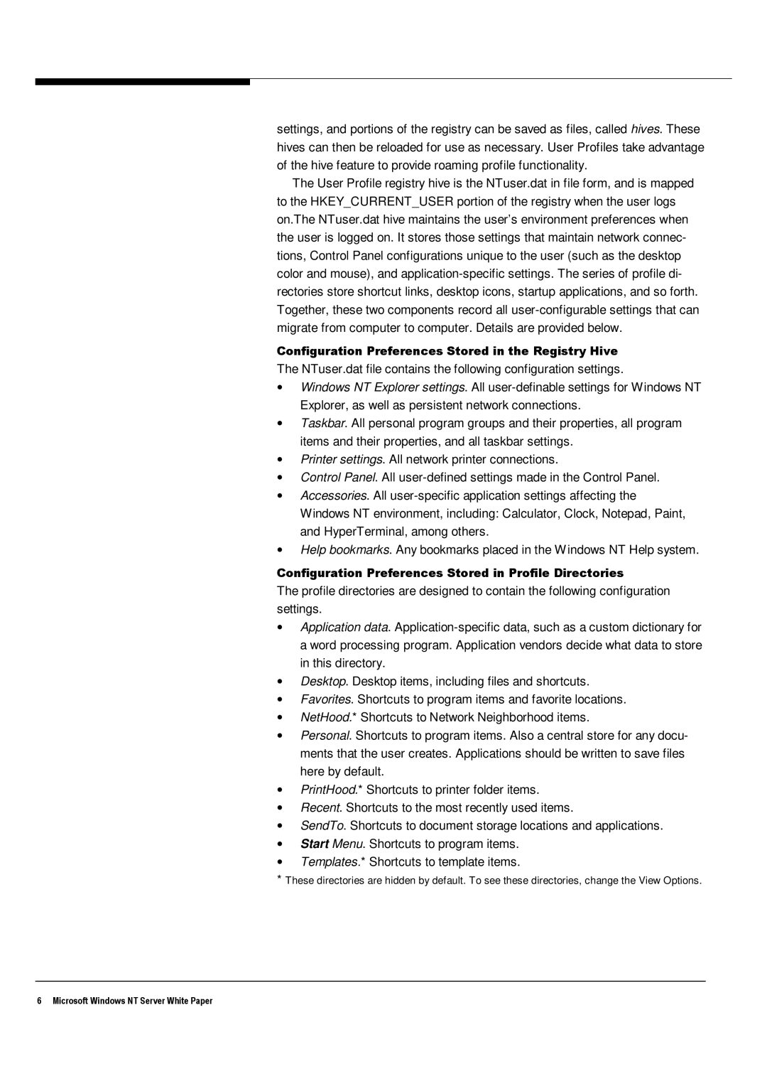 Microsoft Windows NT 4.0 manual Configuration Preferences Stored in the Registry Hive 