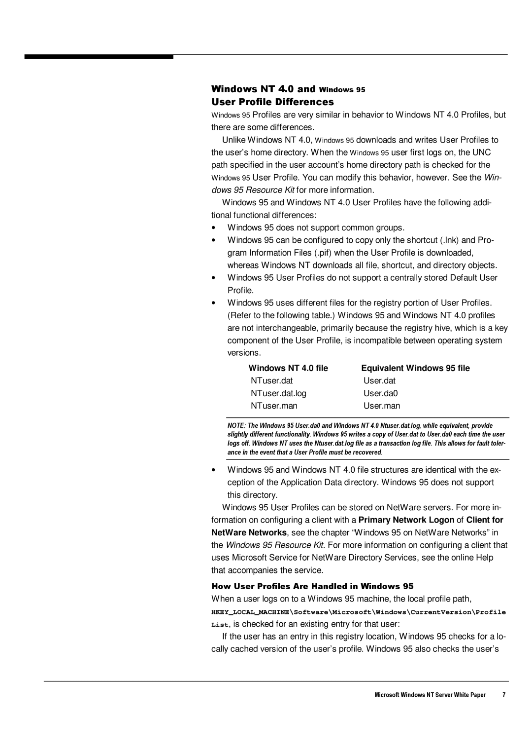 Microsoft manual Windows NT 4.0 and Windows User Profile Differences, Windows NT 4.0 file, Equivalent Windows 95 file 