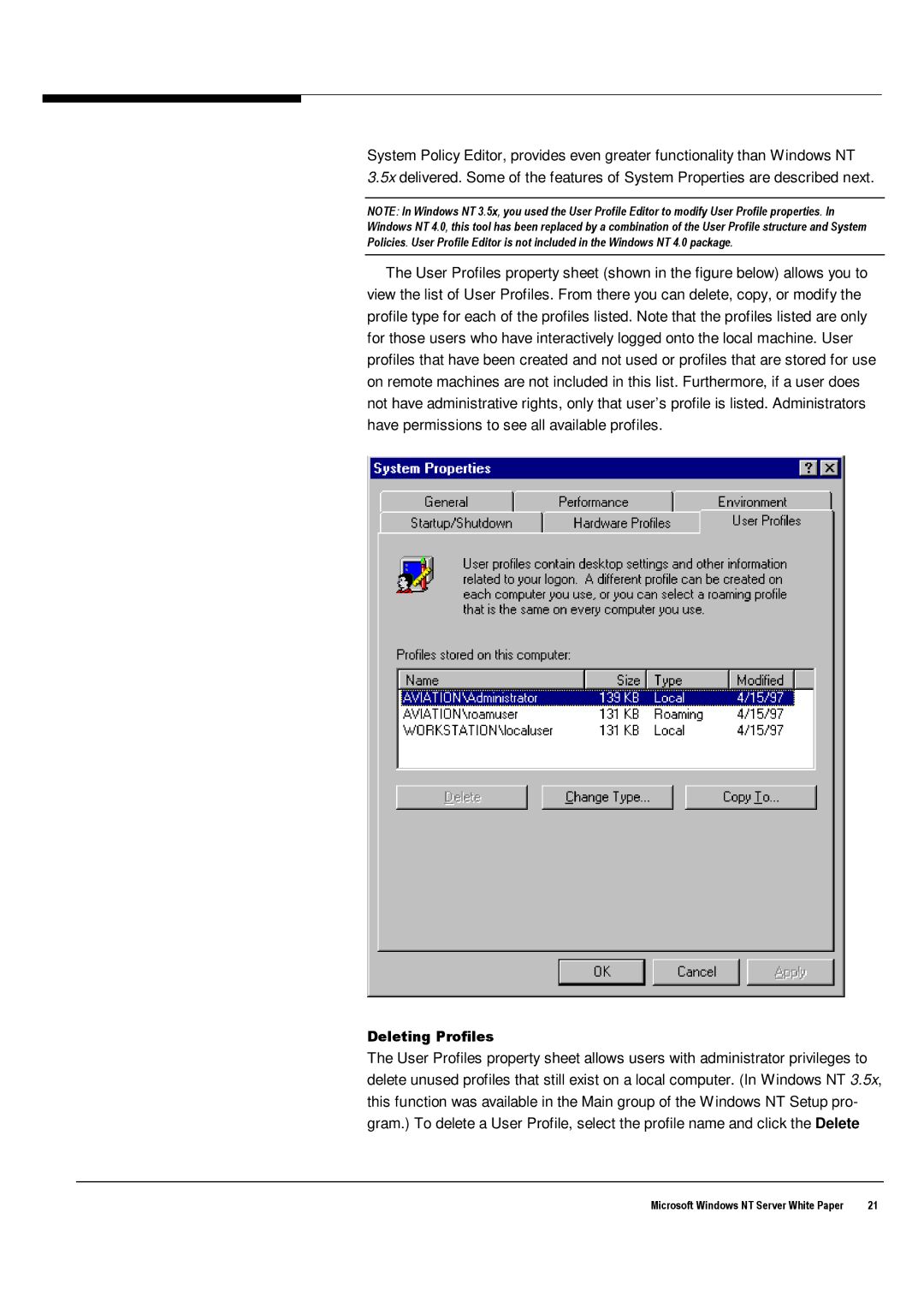 Microsoft Windows NT 4.0 manual Deleting Profiles 