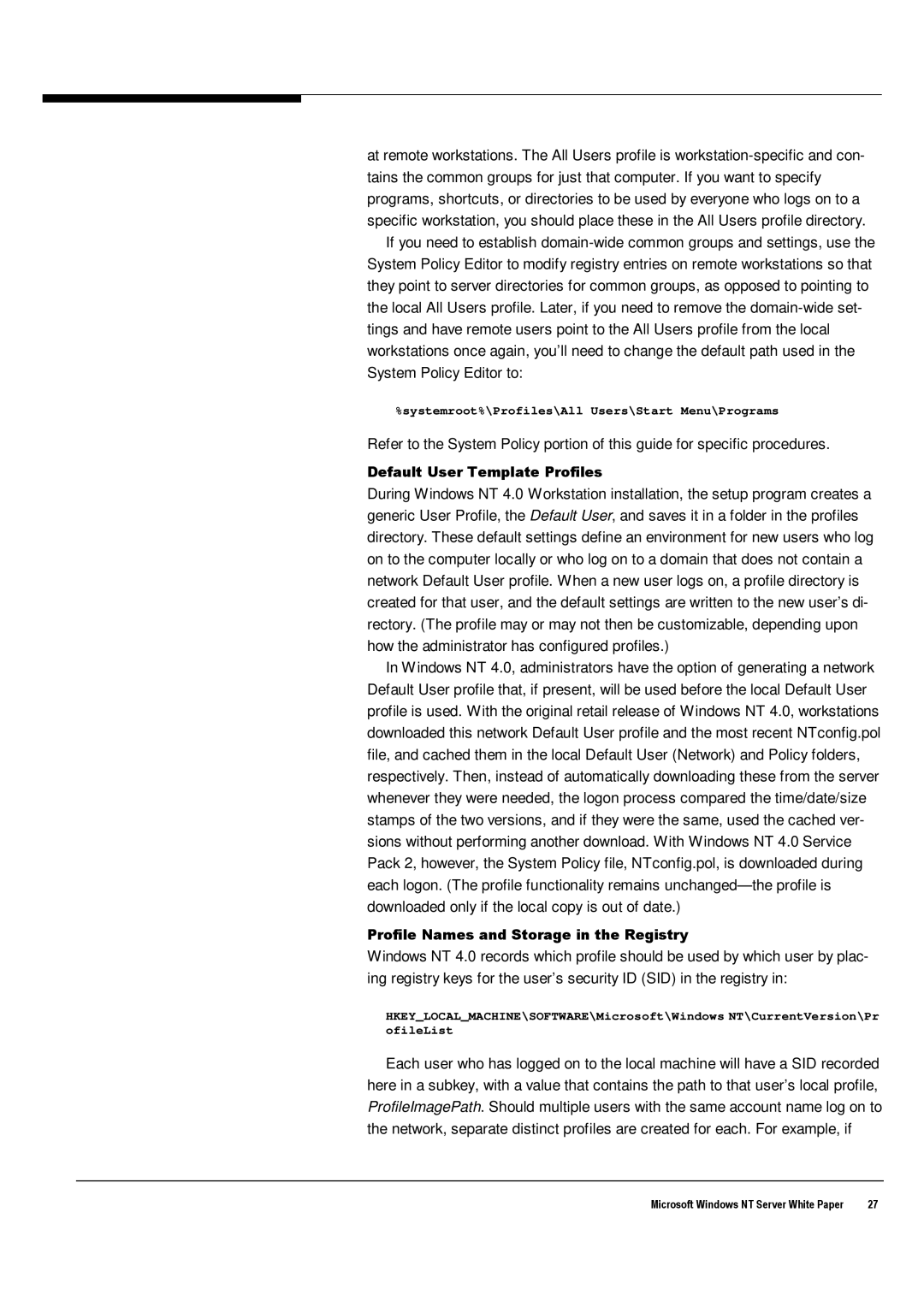 Microsoft Windows NT 4.0 manual Default User Template Profiles, Profile Names and Storage in the Registry 